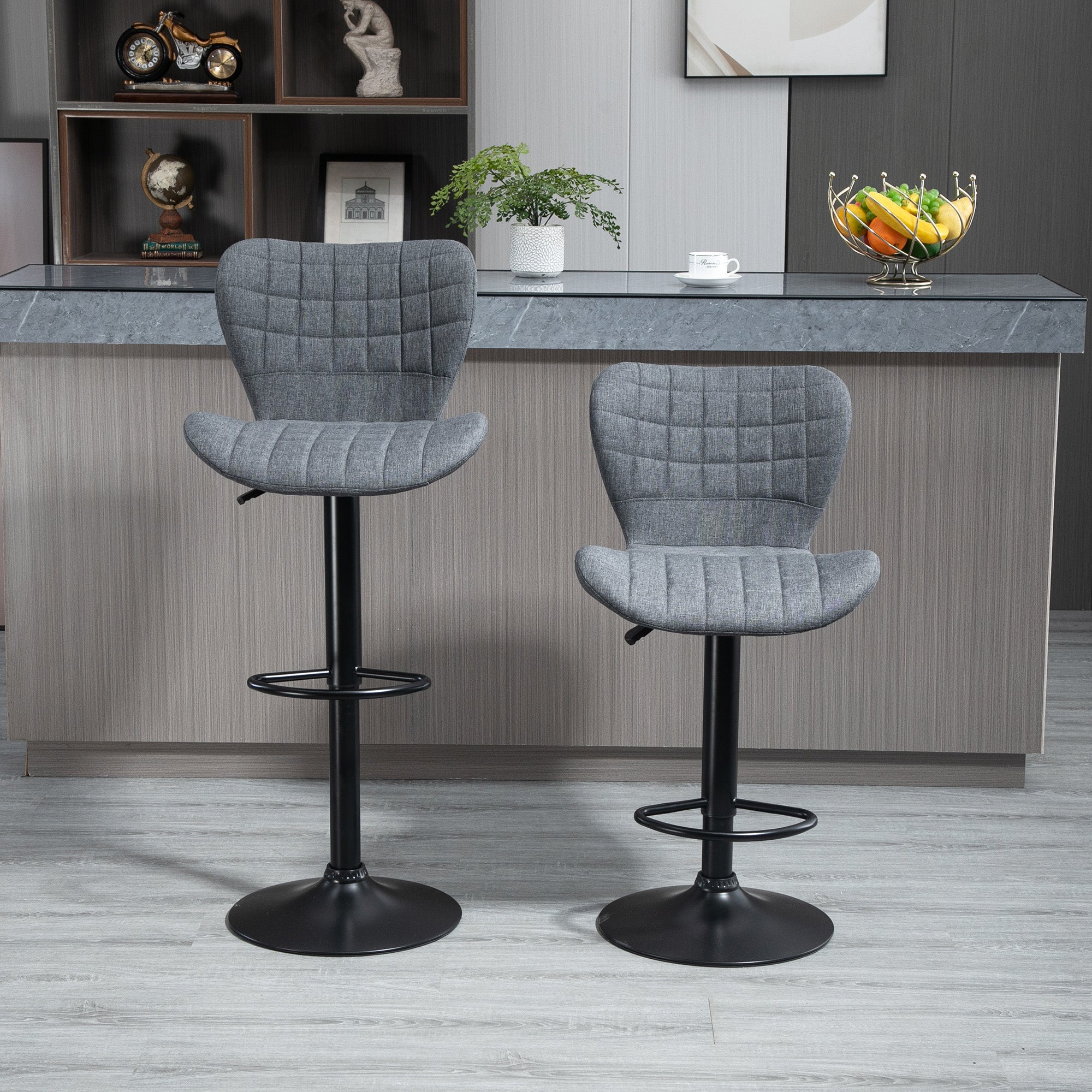 HOMCOM Bar Stools Set of 2, Adjustable Height Swivel Bar Chairs, Linen-feel Fabric Upholstered Kitchen Counter Stools with Wide Seat, Back and Footrest, Grey