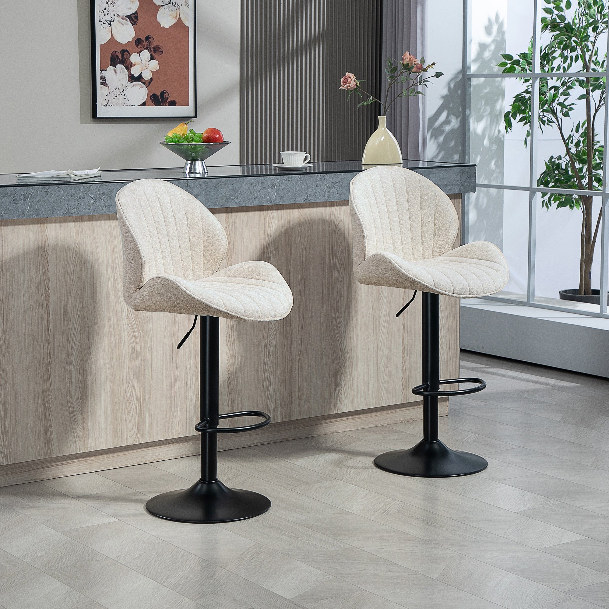 Bar Stools Set of 2, Swivel Counter Height Barstools with Back, Adjustable Height and Footrest, Chenille Upholstered Modern Bar Chairs for Kitchen Island, Dining Room, Beige