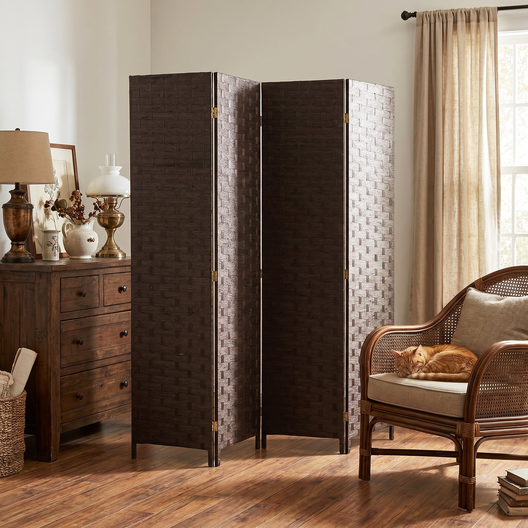 4-Panel Room Dividers, Wave Fibre Freestanding Folding Privacy Screen Panels, Partition Wall Divider for Indoor Bedroom Office, 170 cm, Dark Brown