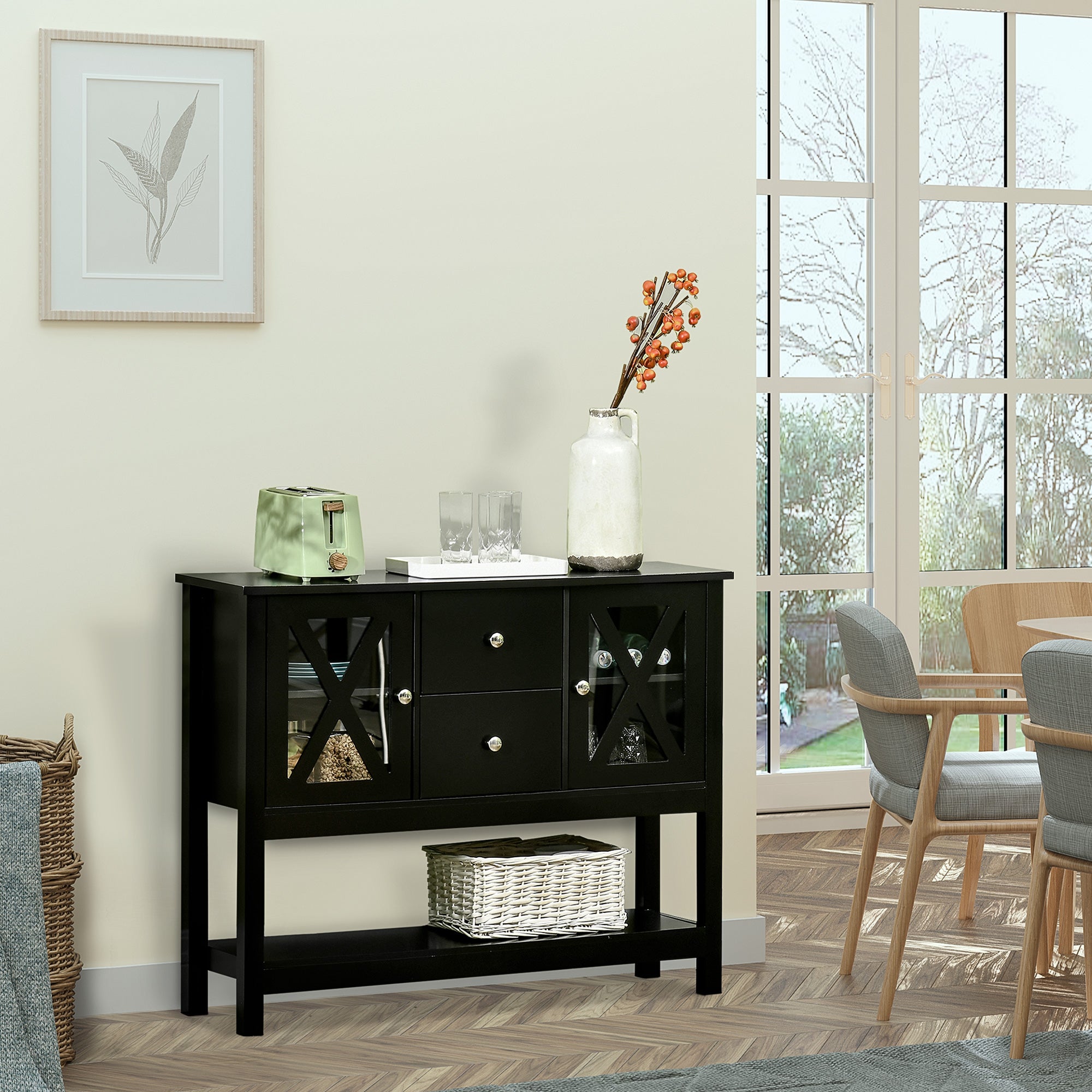 Coffee Bar Cabinet Sideboard Buffet with Storage Drawers and Glass Door, Black