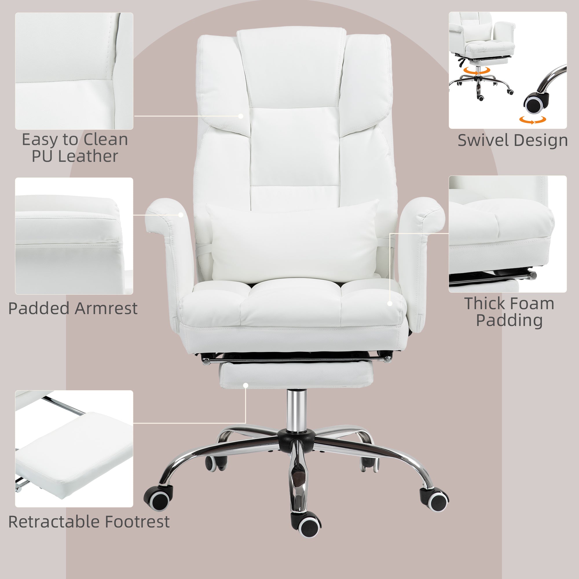 Executive Office Chair with Footrest and Lumbar Support, White
