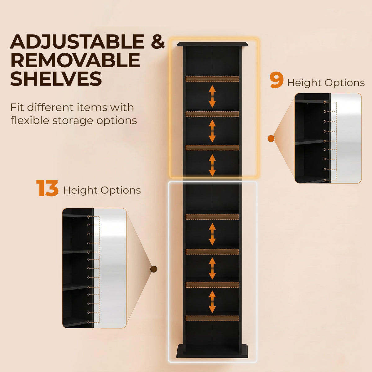 Slim Media Storage Cabinet, 9-Tier DVD Shelf with 7 Adjustable Shelves, 9 Compartments, Holds 252 CDs, 147 DVDs or 189 Blu-rays, Black