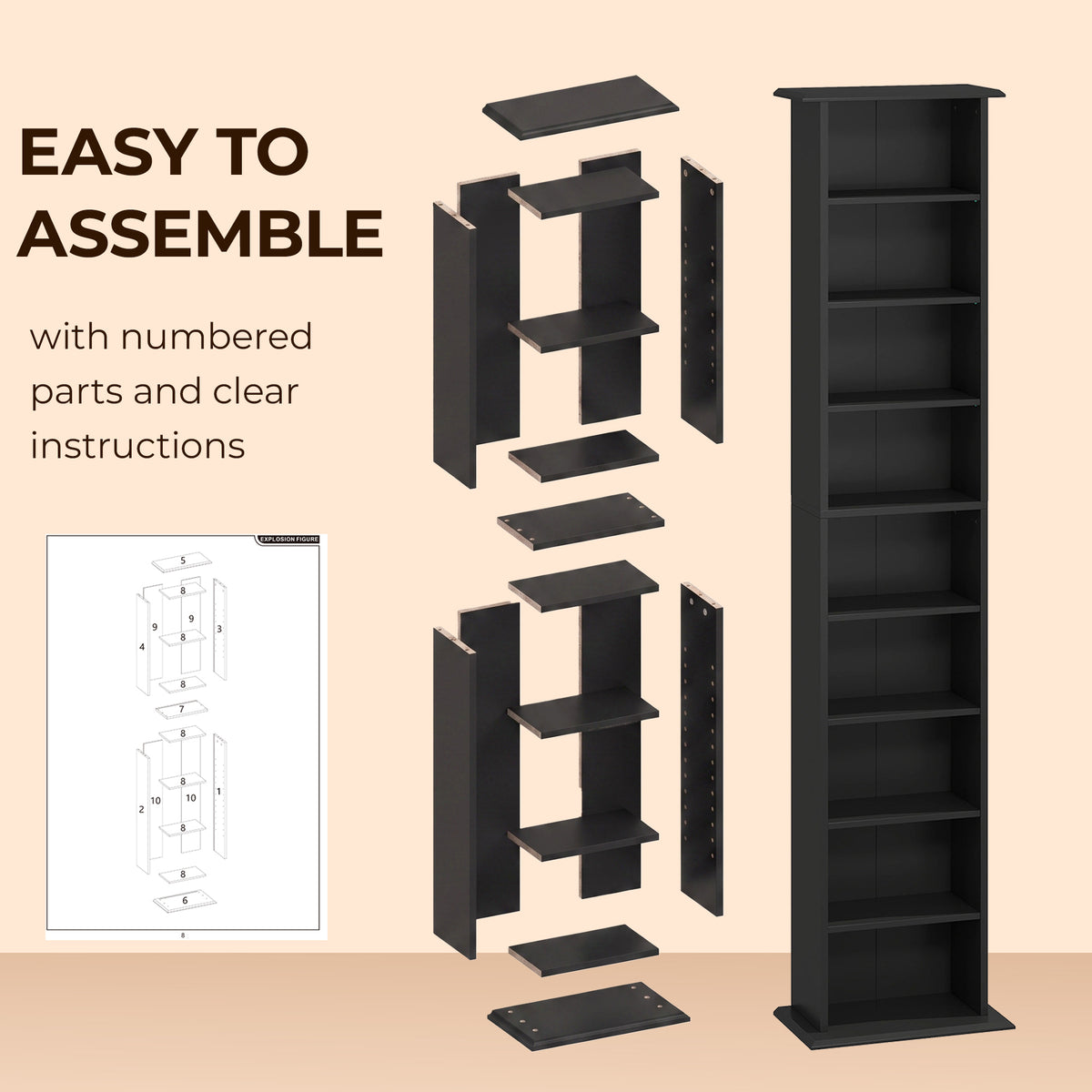 Slim Media Storage Cabinet, 9-Tier DVD Shelf with 7 Adjustable Shelves, 9 Compartments, Holds 252 CDs, 147 DVDs or 189 Blu-rays, Black