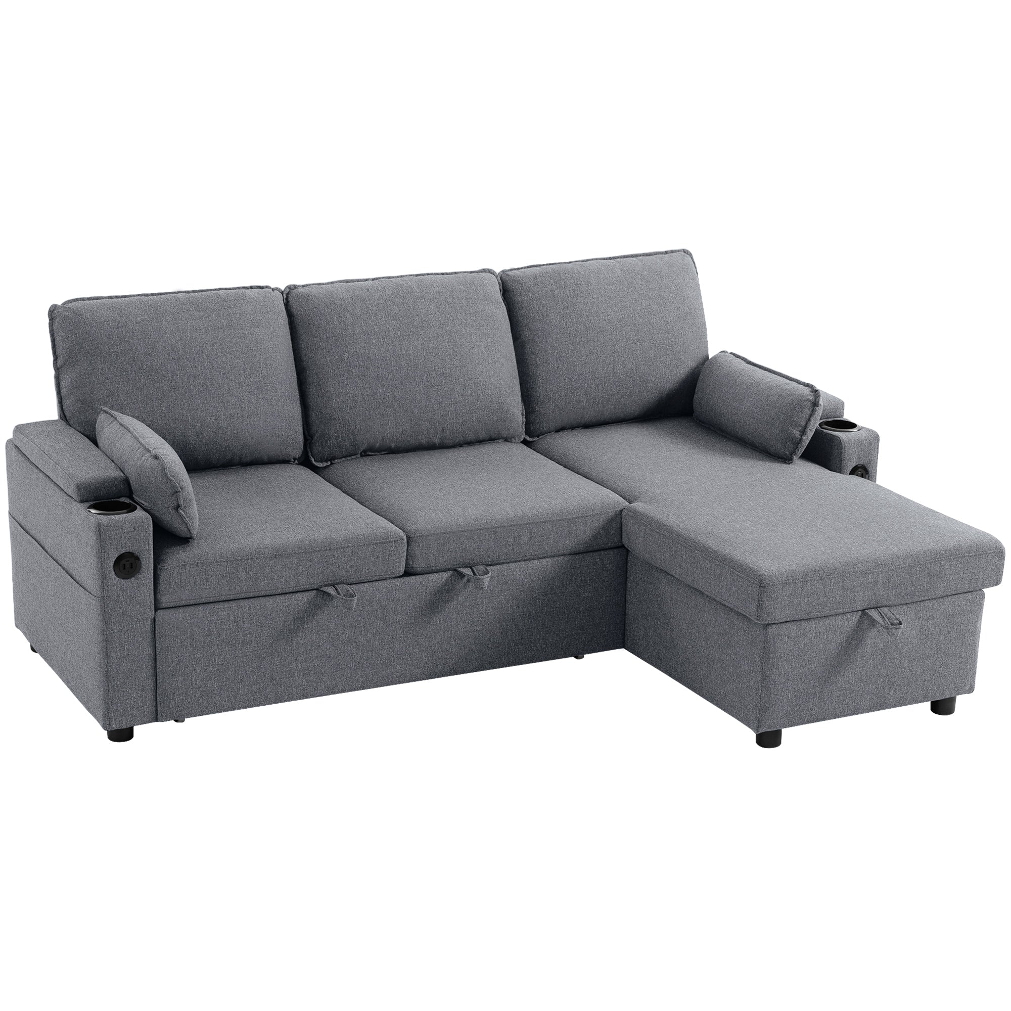 Corner Sofa Bed, L Shaped Sleeper Sectional Sofa with Reversible Storage Chaise, 3 Seater Convertible Pull Out Sofa Bed with Spring Seat, USB Ports, Cup Holders, Pillows for Living Room, Grey