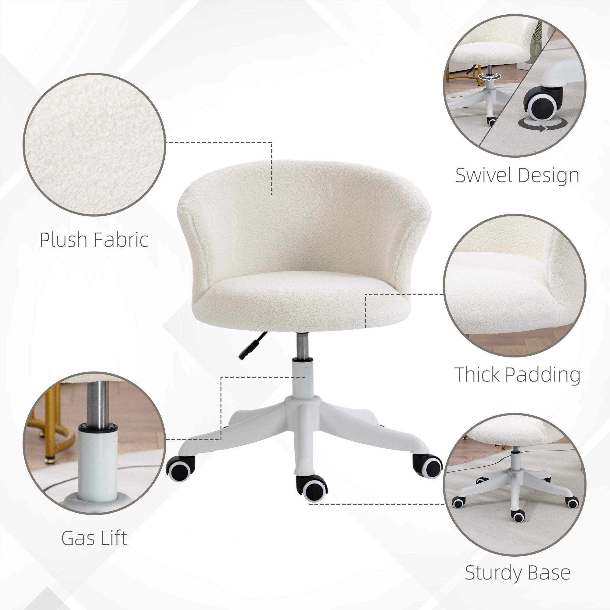 Vinsetto Armless Office Chair, Fluffy Computer Desk Chair with Adjustable Height, Swivel Wheels, Mid Back, White
