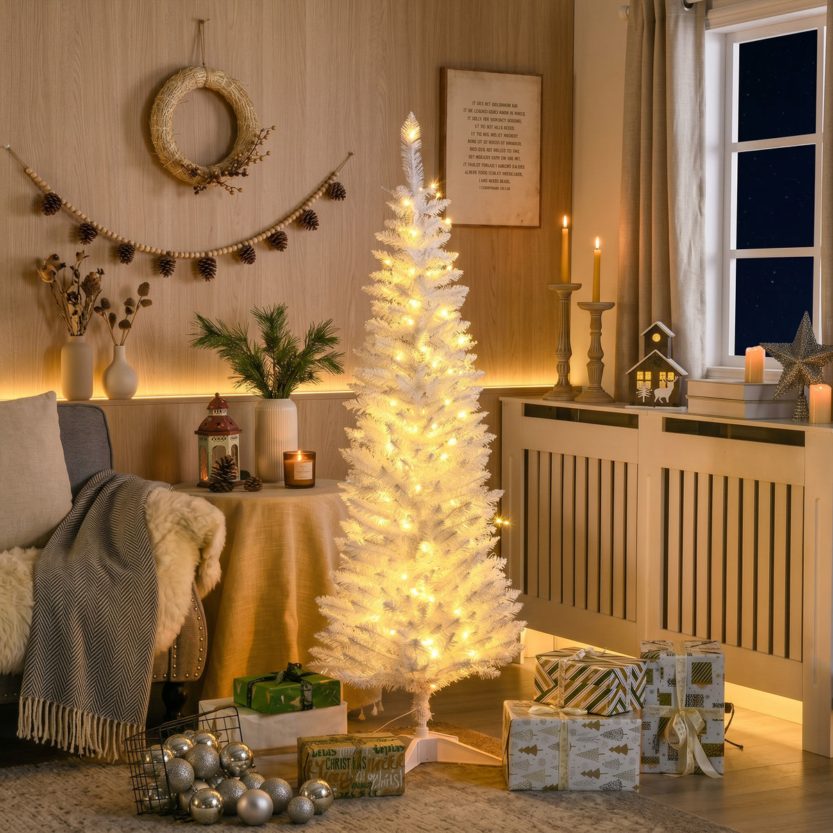 5 ft Pre-Lit Slim Pencil Artificial Christmas Tree with 294 Tips, 110 Warm White LED Lights, White