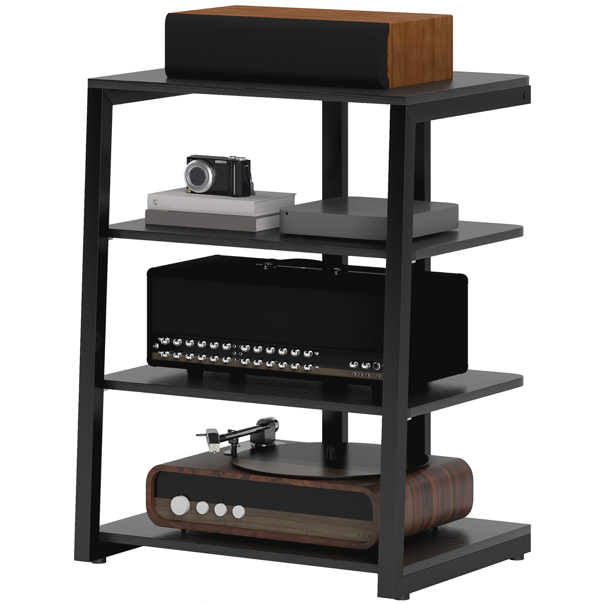 HOMCOM HiFi Stand, 4-Tier Media Storage Shelf with Adjustable Shelves, Power Strip Rack for Router, Record Player, Printer, Industrial TV Stand for up to 28 Inch TVs, Black