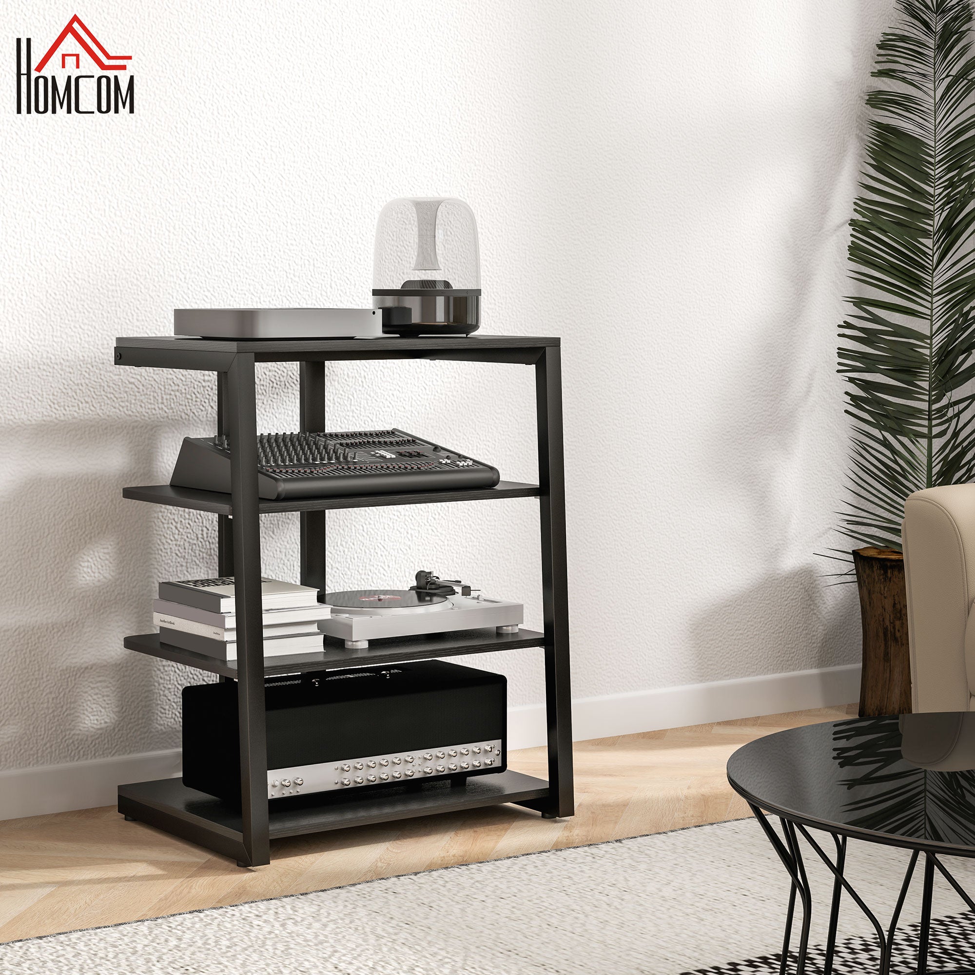 HOMCOM HiFi Stand, 4-Tier Media Storage Shelf with Adjustable Shelves, Power Strip Rack for Router, Record Player, Printer, Industrial TV Stand for up to 28 Inch TVs, Black