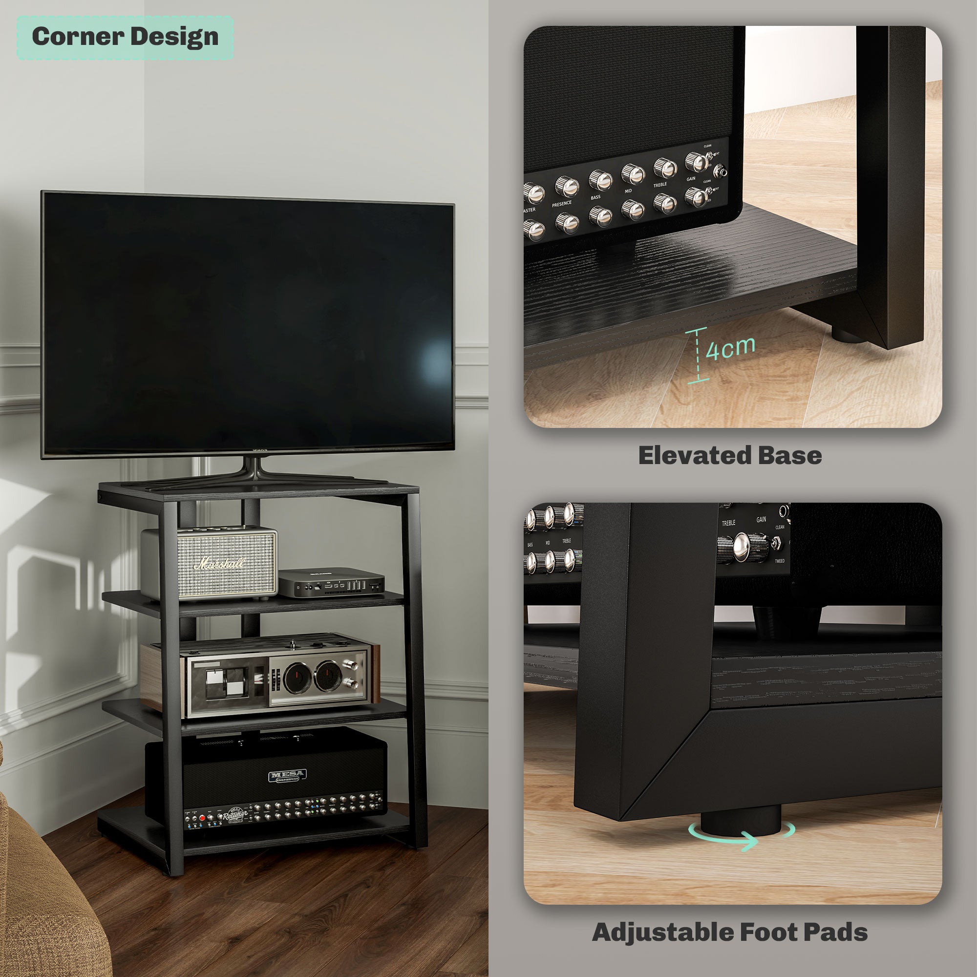 HOMCOM HiFi Stand, 4-Tier Media Storage Shelf with Adjustable Shelves, Power Strip Rack for Router, Record Player, Printer, Industrial TV Stand for up to 28 Inch TVs, Black