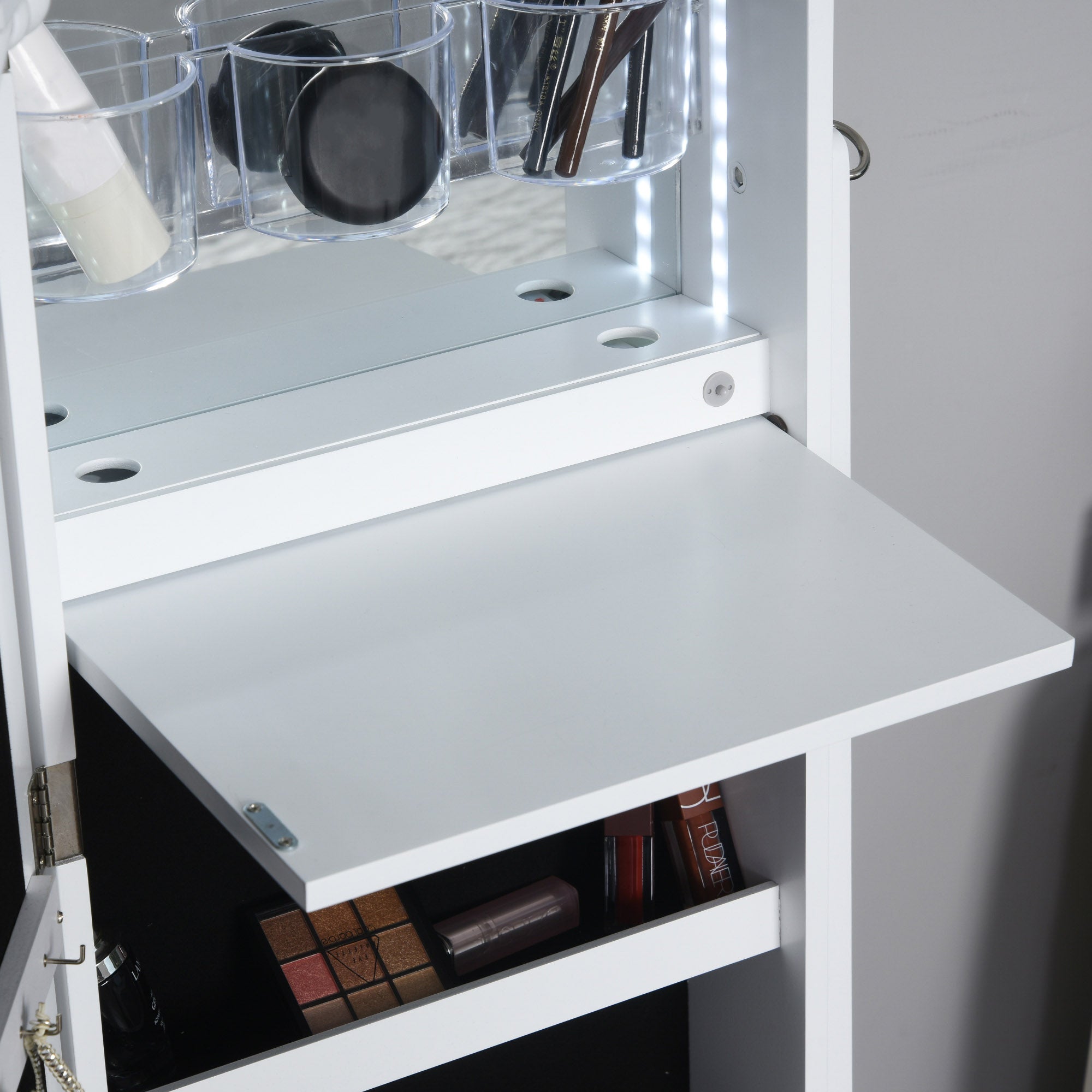Jewellery Cabinet with Full-Length Mirror, Standing Jewelry Armoire with LED Light, Hooks, Slots, Shelves, Drawers, Folding Panel, Pencil Holders, Mirror with Storage, White