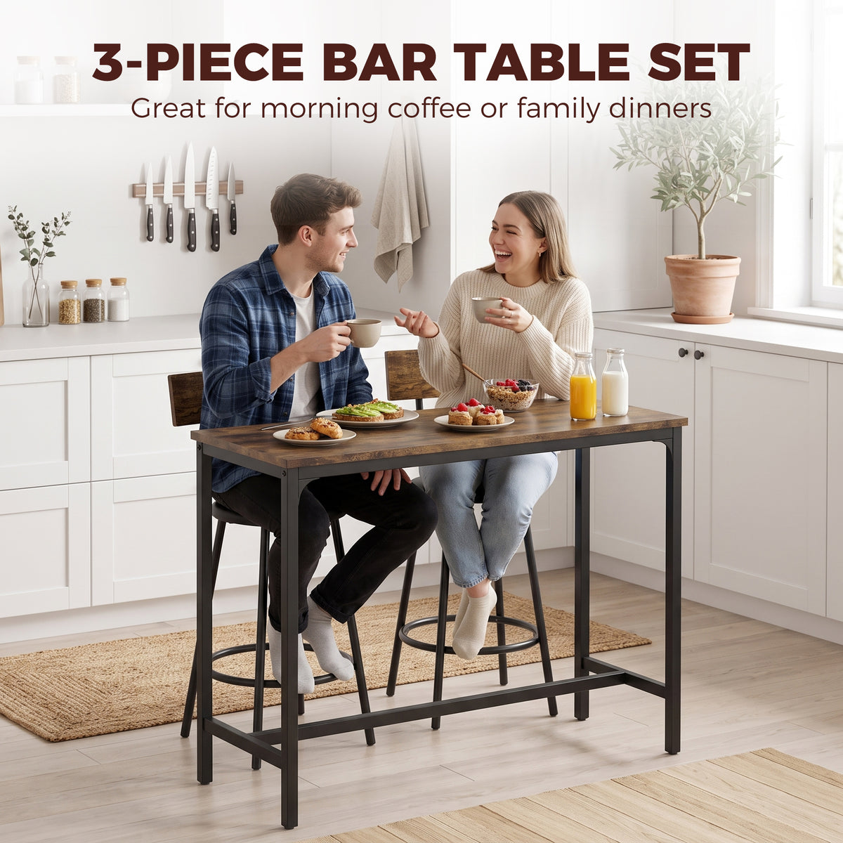 3 Piece Counter Height Bar Table Set, Kitchen Dining Table with 2 Upholstered Stools, Footrests, Space-Saving Pub Table & Chairs for Dining Room, Living Room, Rustic Brown