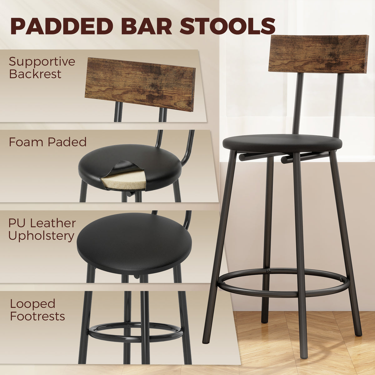 3 Piece Counter Height Bar Table Set, Kitchen Dining Table with 2 Upholstered Stools, Footrests, Space-Saving Pub Table & Chairs for Dining Room, Living Room, Rustic Brown