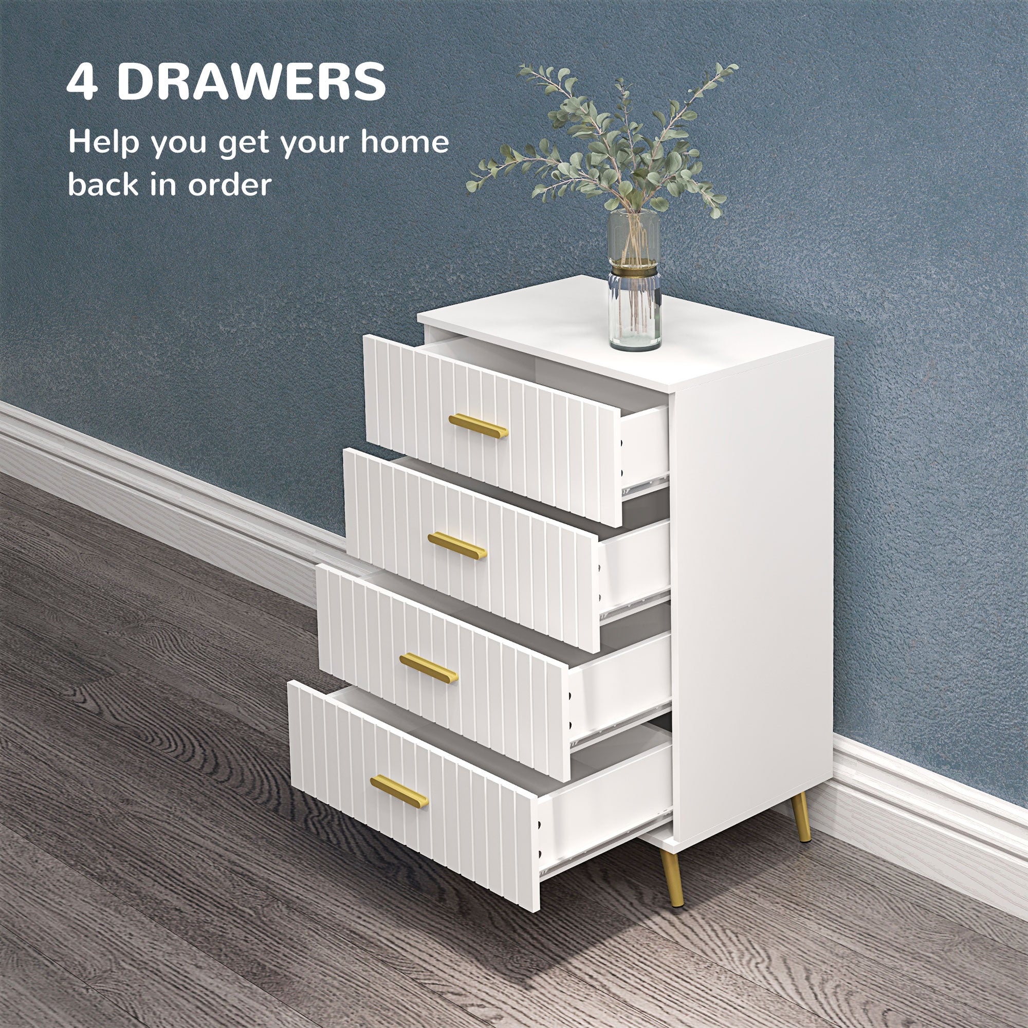 HOMCOM Bedroom Chest of Drawers, Modern 4-Drawer Dresser, Storage Drawer Unit with Aluminium Legs, White