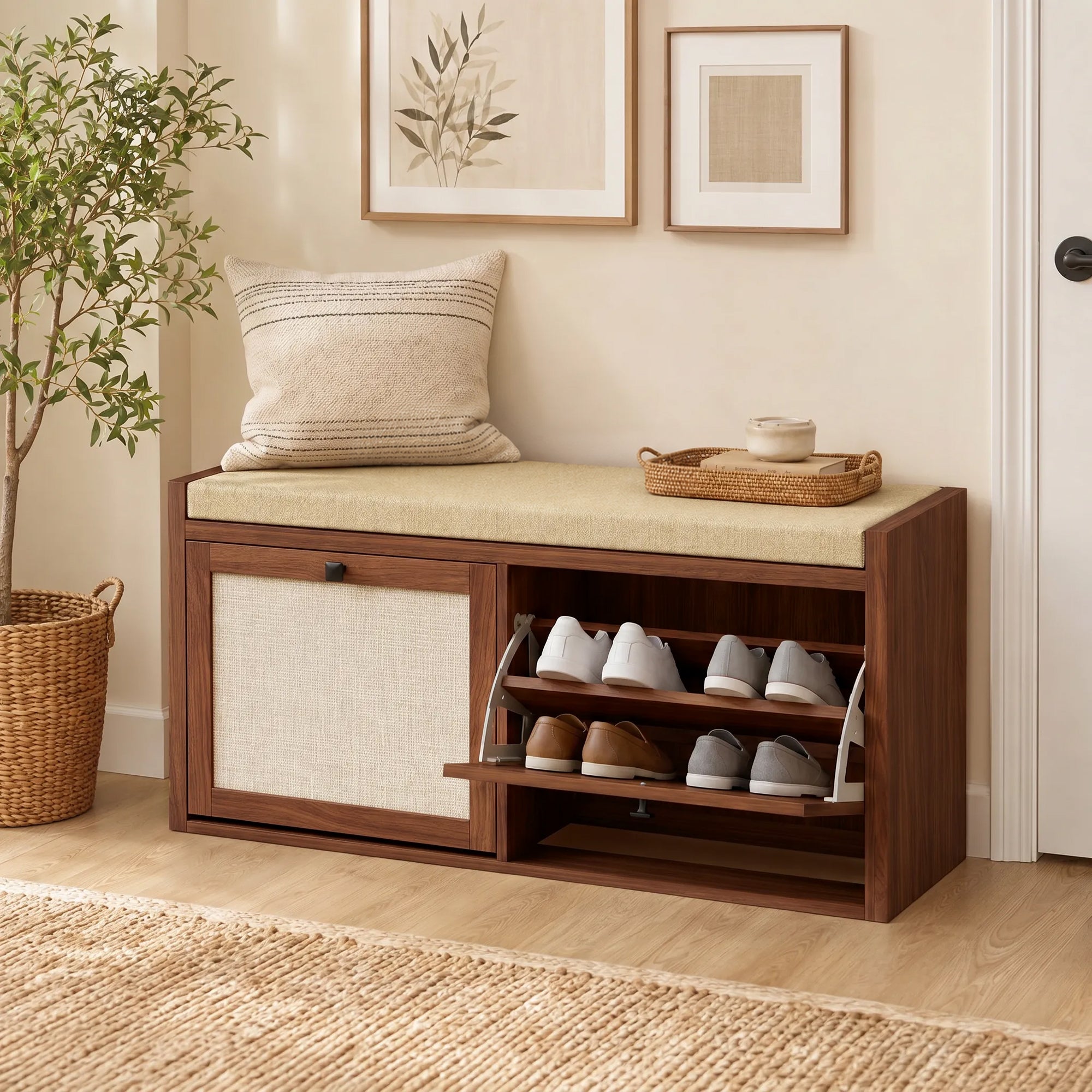 Shoe Bench with 2 Rattan Doors, Shoe Storage Bench with Padded Cushion Seat for Hallway, Living Room, Bedroom, Brown
