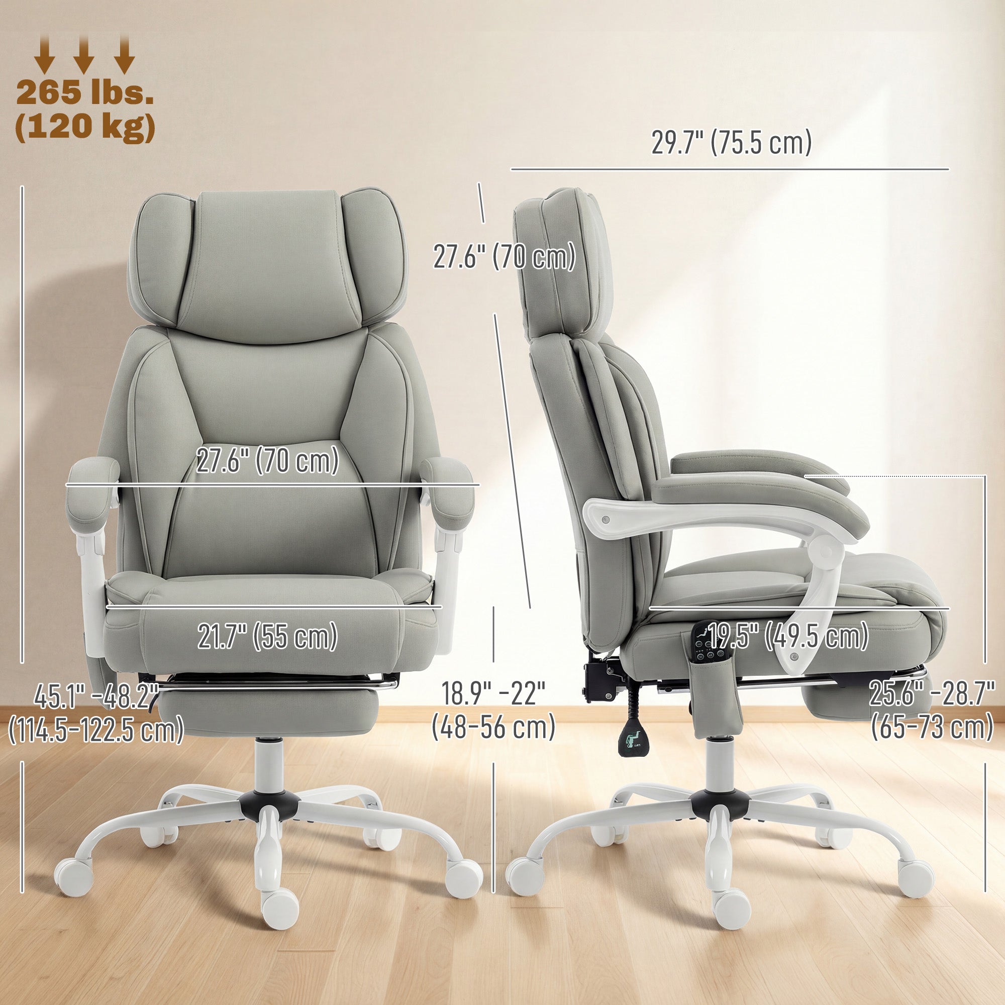 High Back Vibration Massage Office Chair, Heated Reclining PU Leather Computer Chair with Headrest, Footrest, Padded Armrests, Adjustable Height, Swivel Wheels, Remote, Light Gray