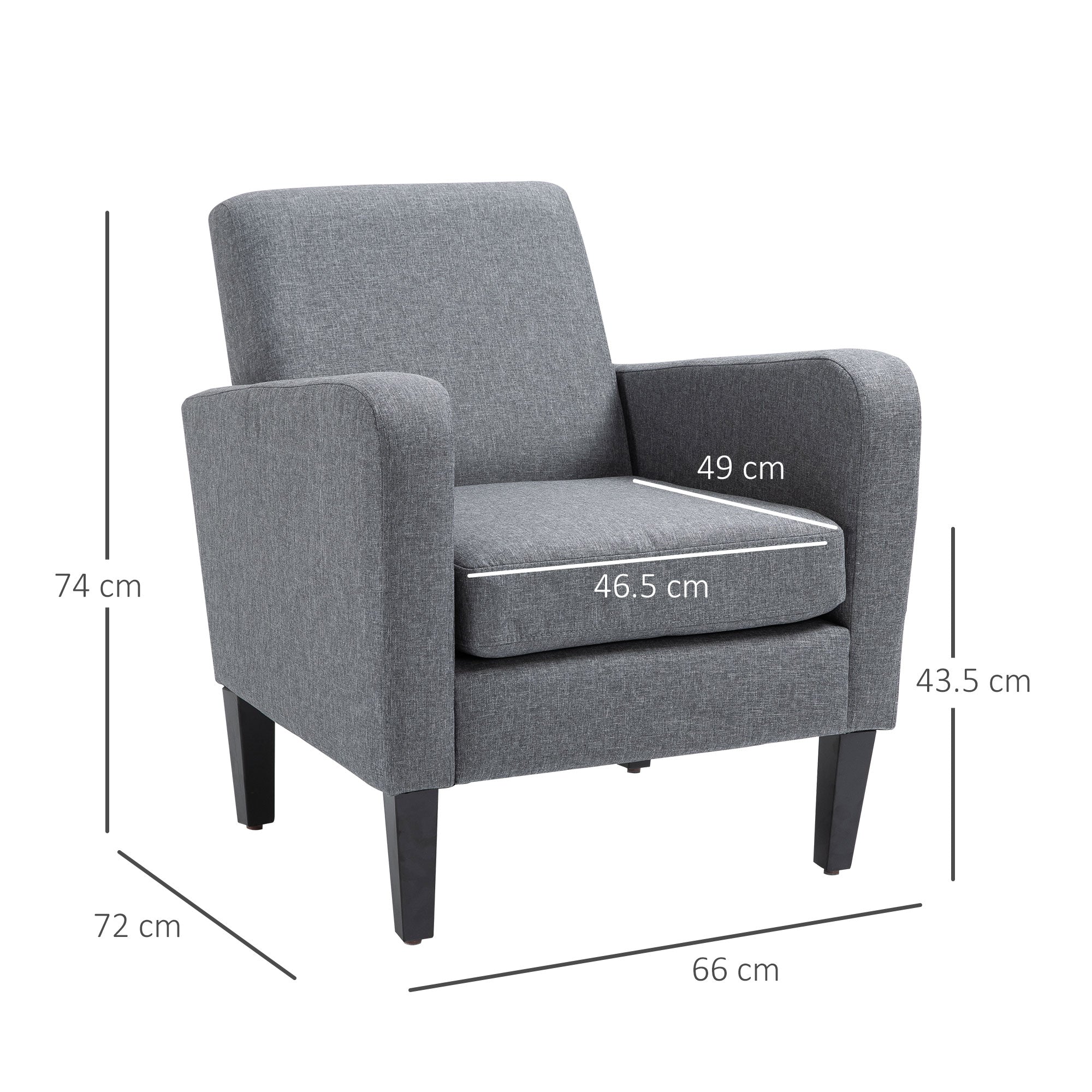 HOMCOM Modern Armchair with Rubber Wood Legs, Upholstered Accent Chair, Single Sofa for Living Room, Bedroom, Grey