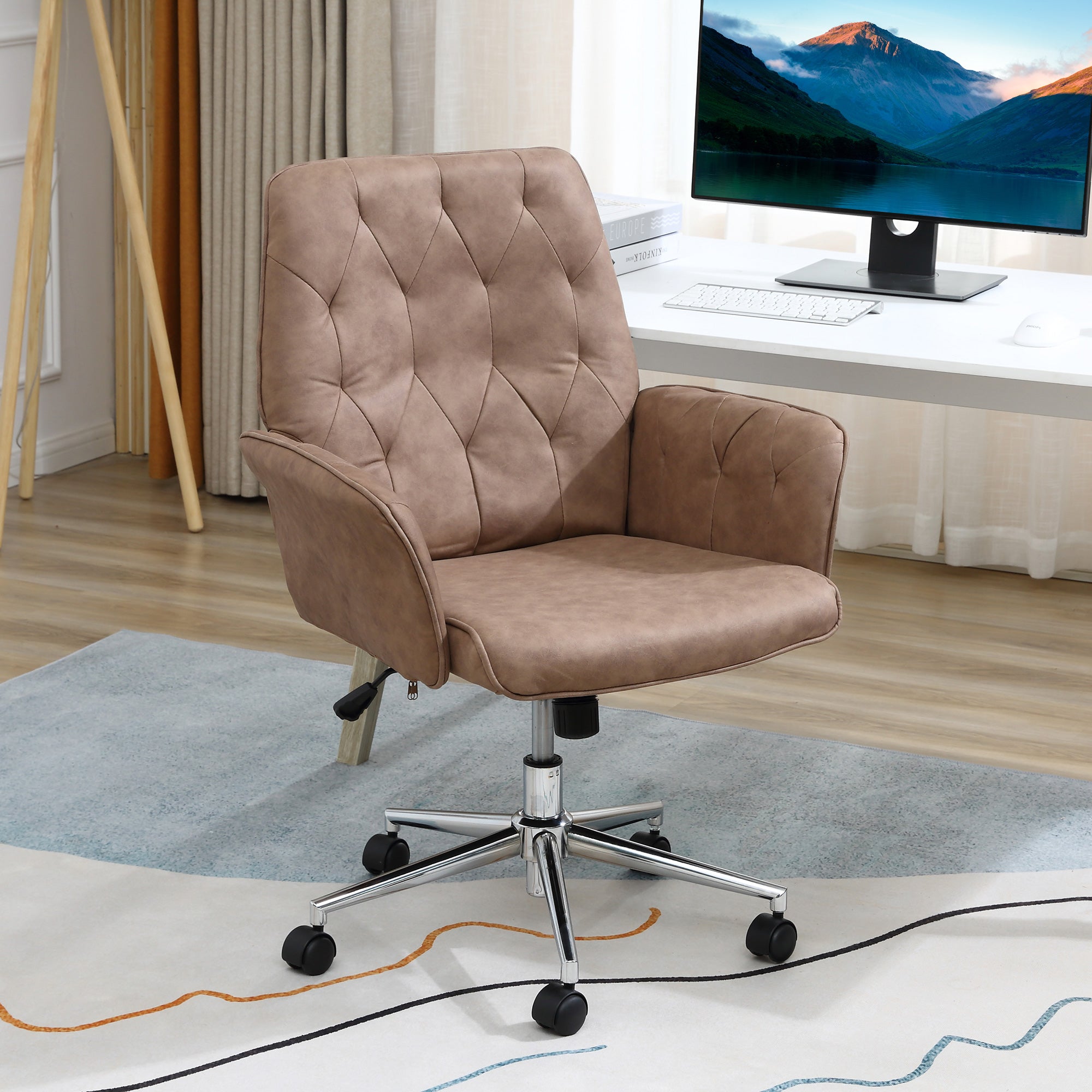 Vinsetto Office Desk Chair, Microfibre Vanity Chair with Height Adjustable, Armrest, Swivel Chair for Home, Coffee