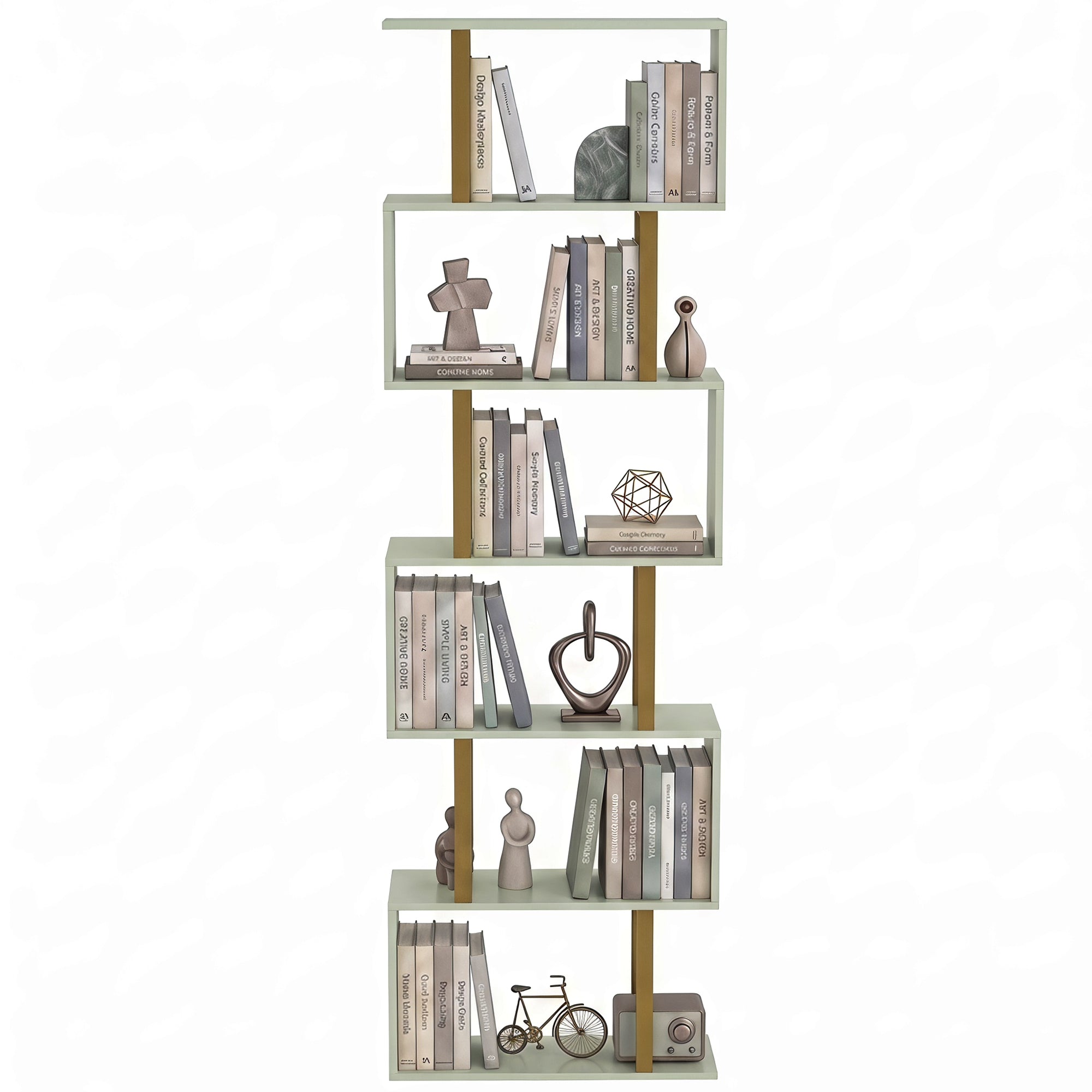 S-Shaped Bookshelf, 5-Tier Bookcase, Freestanding Storage Shelves with Anti-Tip Strap for Study, Living Room, Light Green