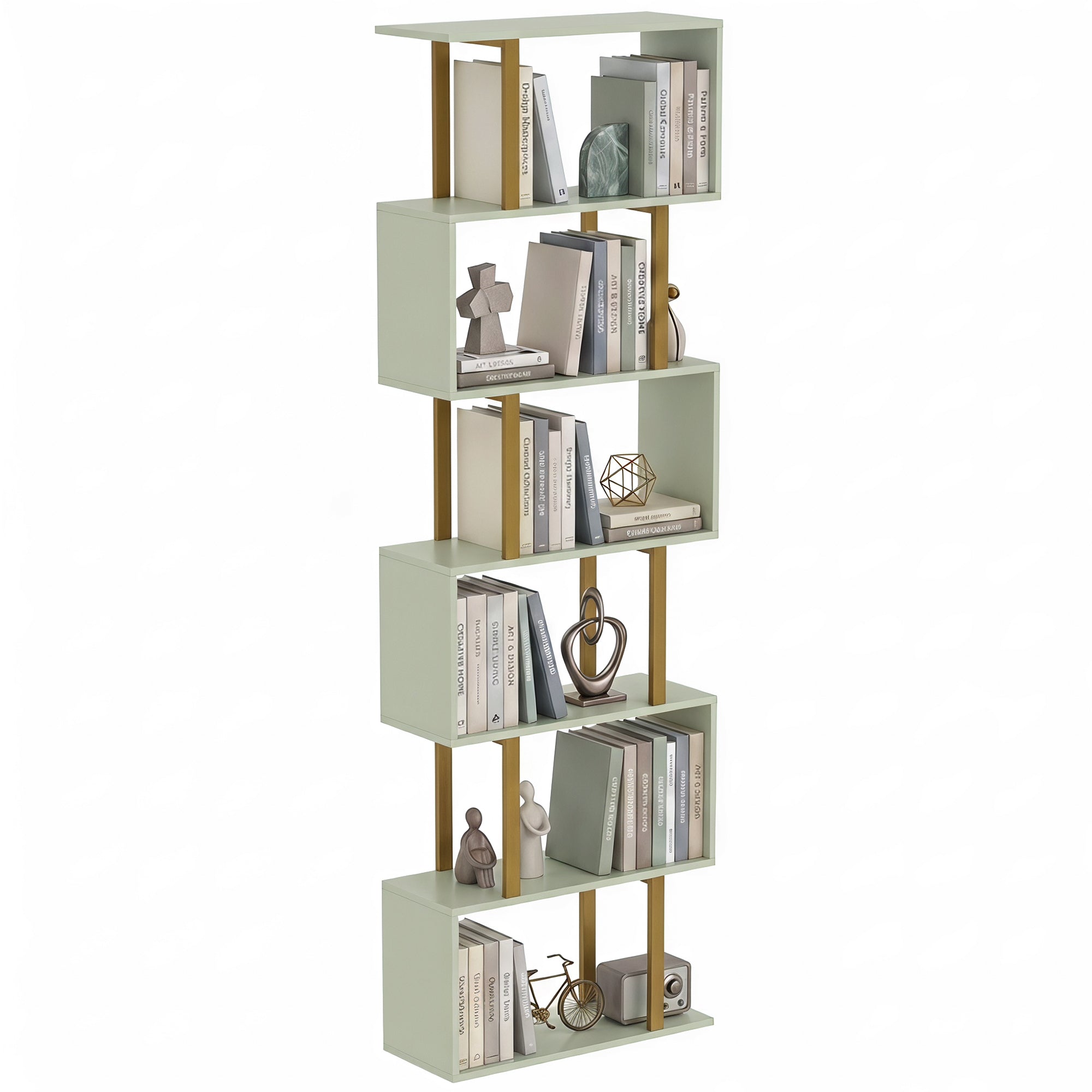 S-Shaped Bookshelf, 5-Tier Bookcase, Freestanding Storage Shelves with Anti-Tip Strap for Study, Living Room, Light Green