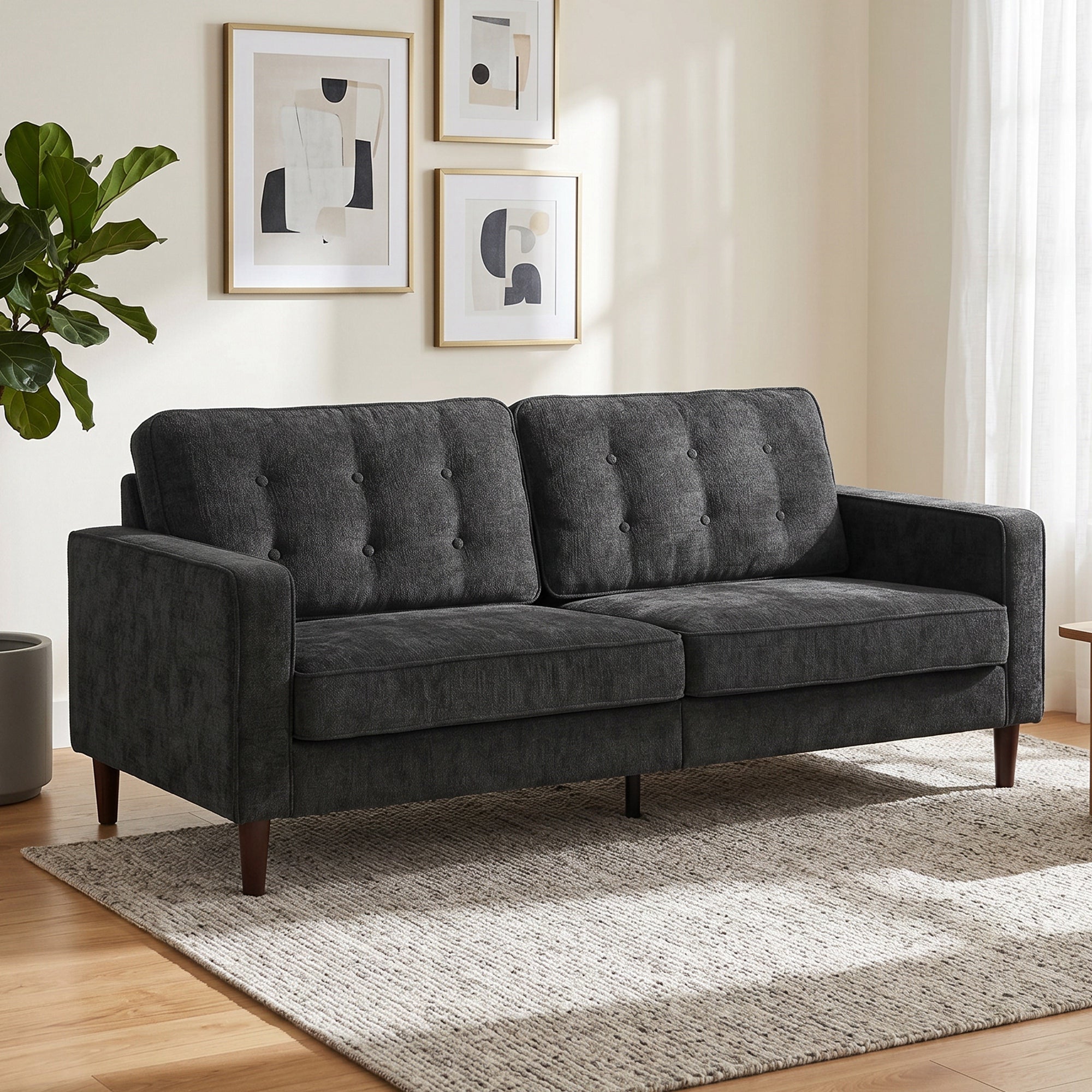 3 Seater Sofa, Upholstered Couch for Bedroom, Modern Sofa Settee with Padded Cushion, Button Tufting and Wood Legs for Living Room, Dark Grey