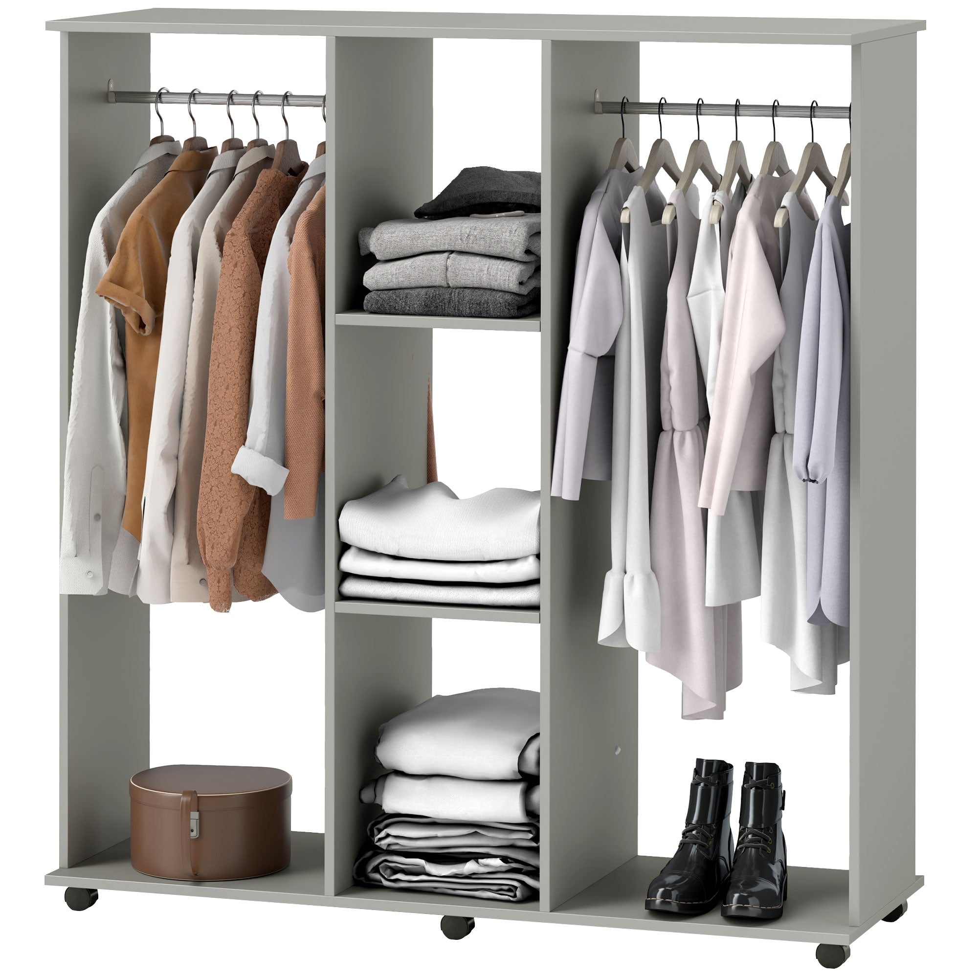 HOMCOM Double Open Wardrobe on Wheels, Bedroom Wardrobe with Clothes Hanging Rails, 3 Storage Shelves, Mobile Garment Rack for Cloakroom, Hallway, Grey