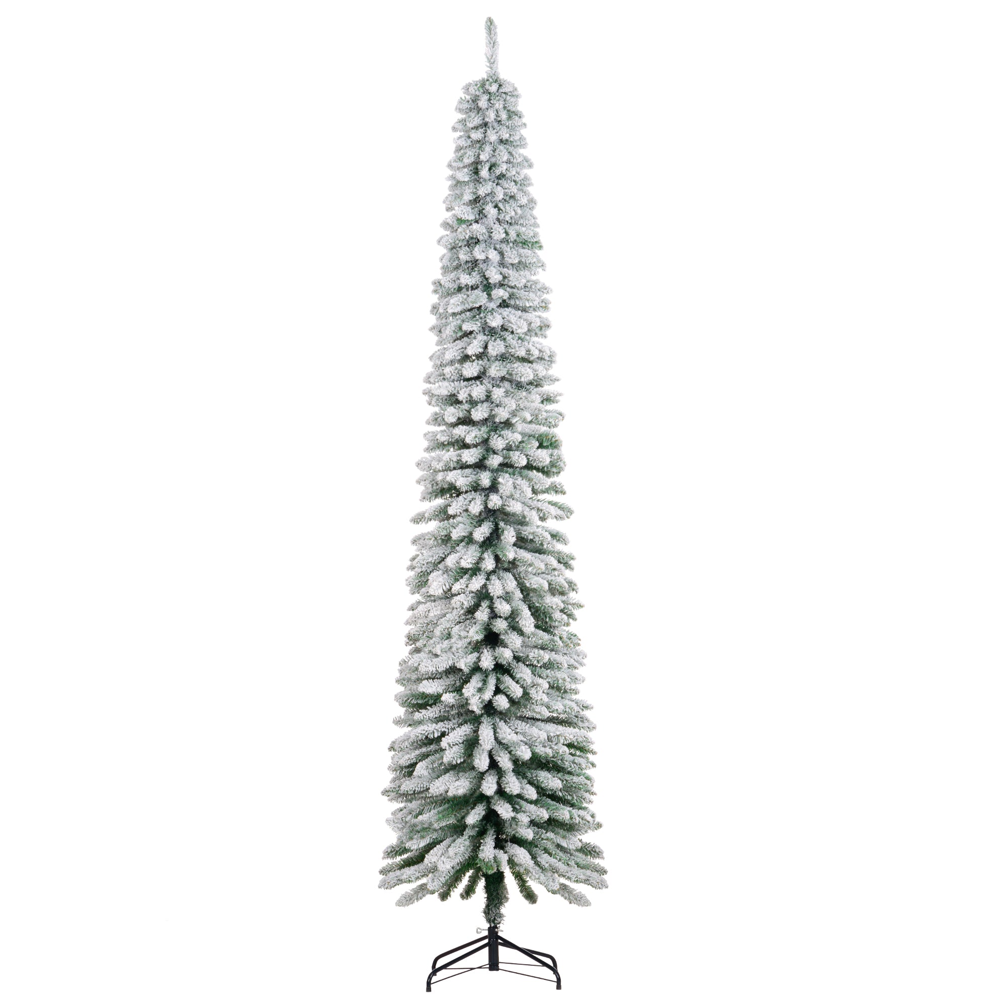 HOMCOM 9 FT Snow-Flocked Artificial Christmas Tree, Slim Pencil Xmas Tree with Realistic Branches, Metal Base, Green