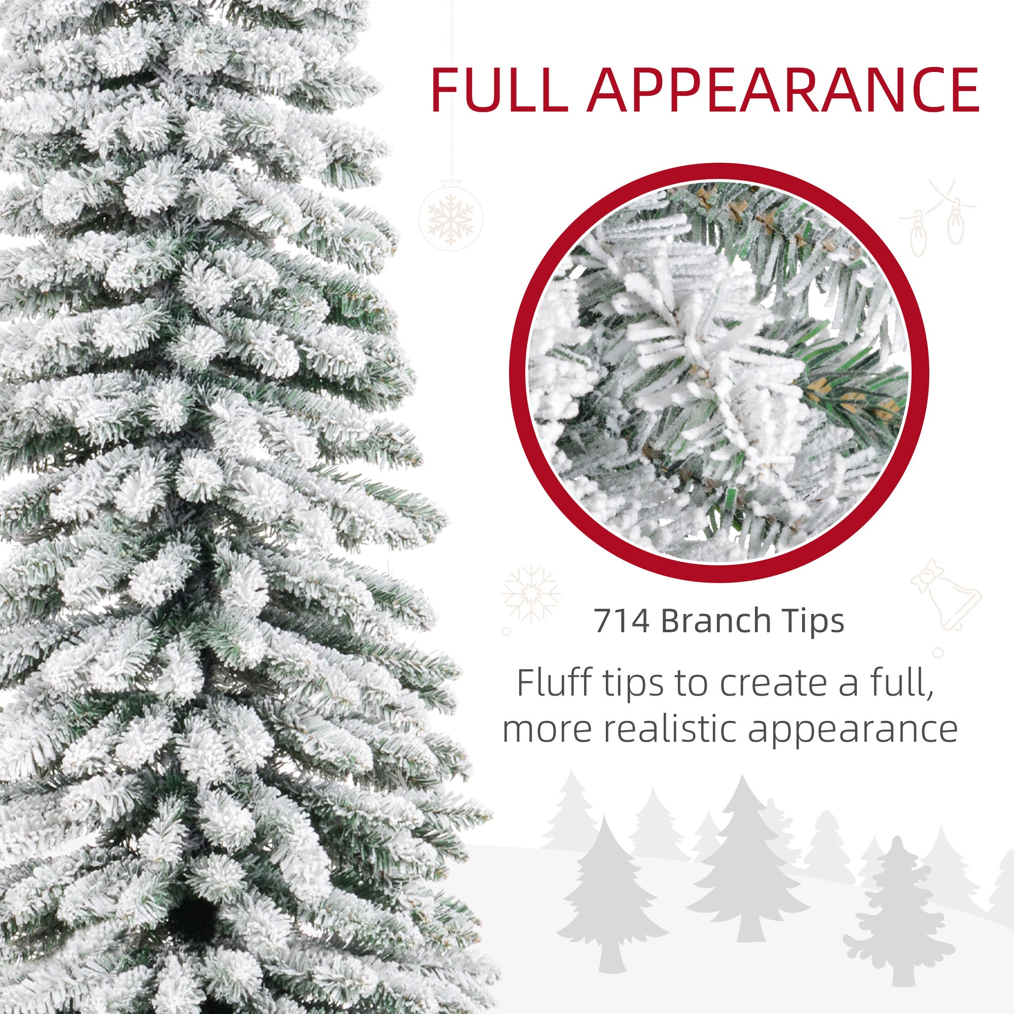 HOMCOM 9 FT Snow-Flocked Artificial Christmas Tree, Slim Pencil Xmas Tree with Realistic Branches, Metal Base, Green