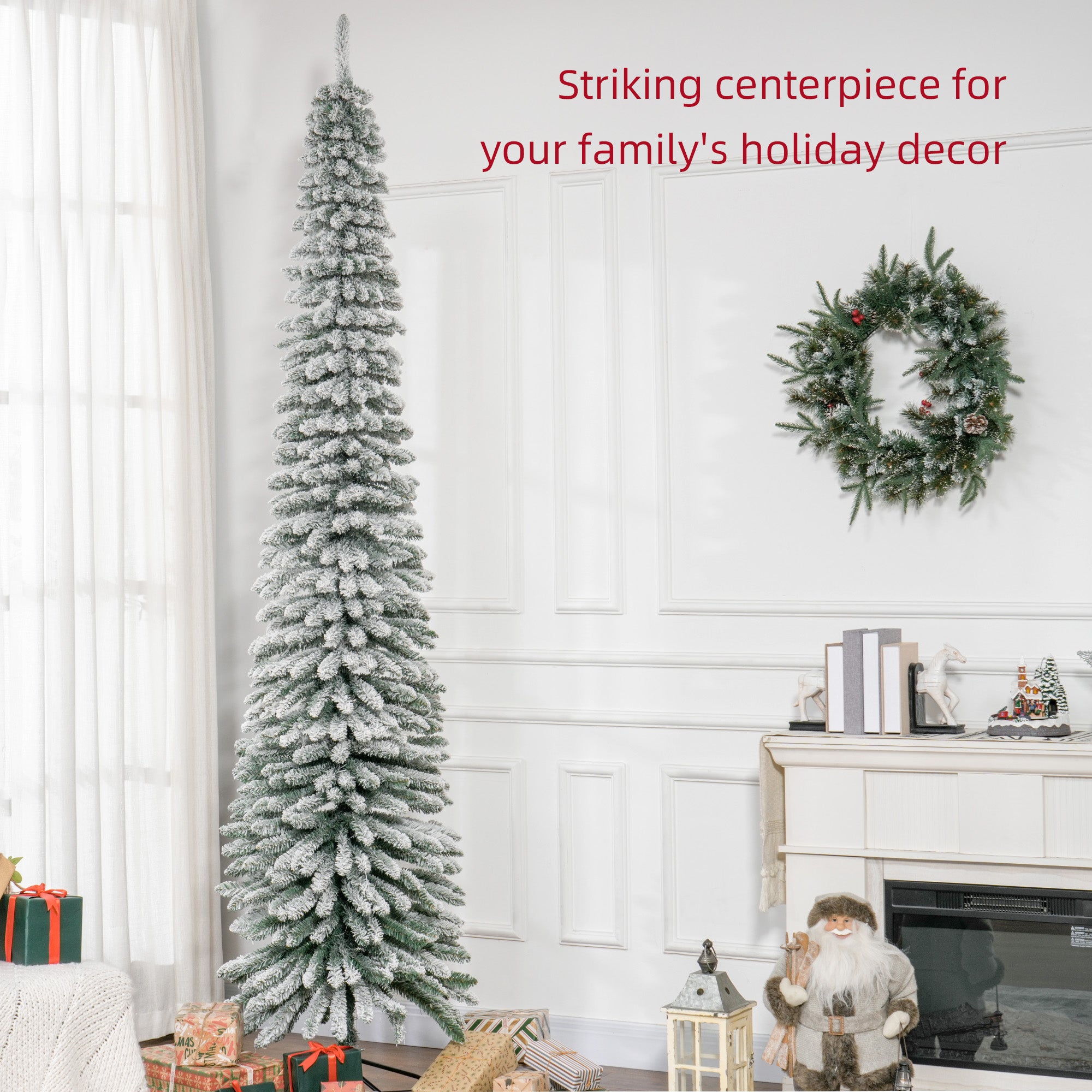 HOMCOM 9 FT Snow-Flocked Artificial Christmas Tree, Slim Pencil Xmas Tree with Realistic Branches, Metal Base, Green