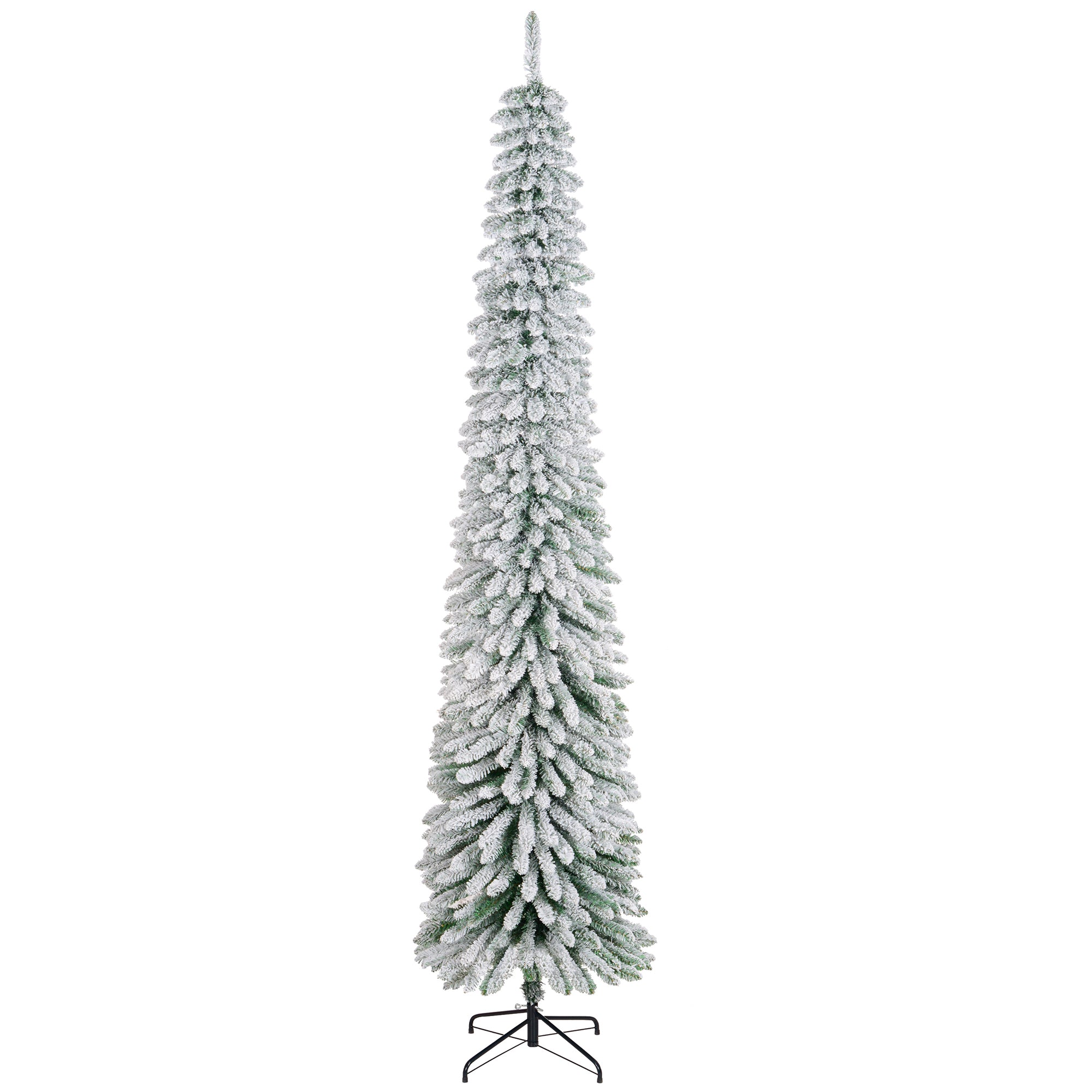 HOMCOM 9 FT Snow-Flocked Artificial Christmas Tree, Slim Pencil Xmas Tree with Realistic Branches, Metal Base, Green