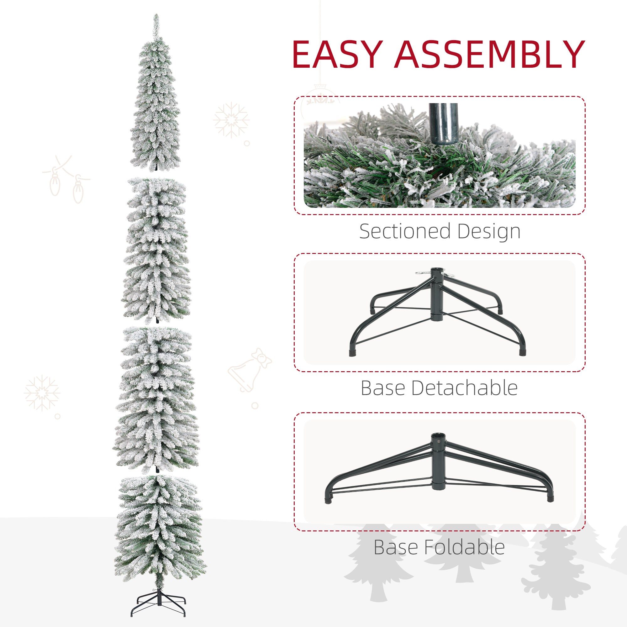 HOMCOM 9 FT Snow-Flocked Artificial Christmas Tree, Slim Pencil Xmas Tree with Realistic Branches, Metal Base, Green