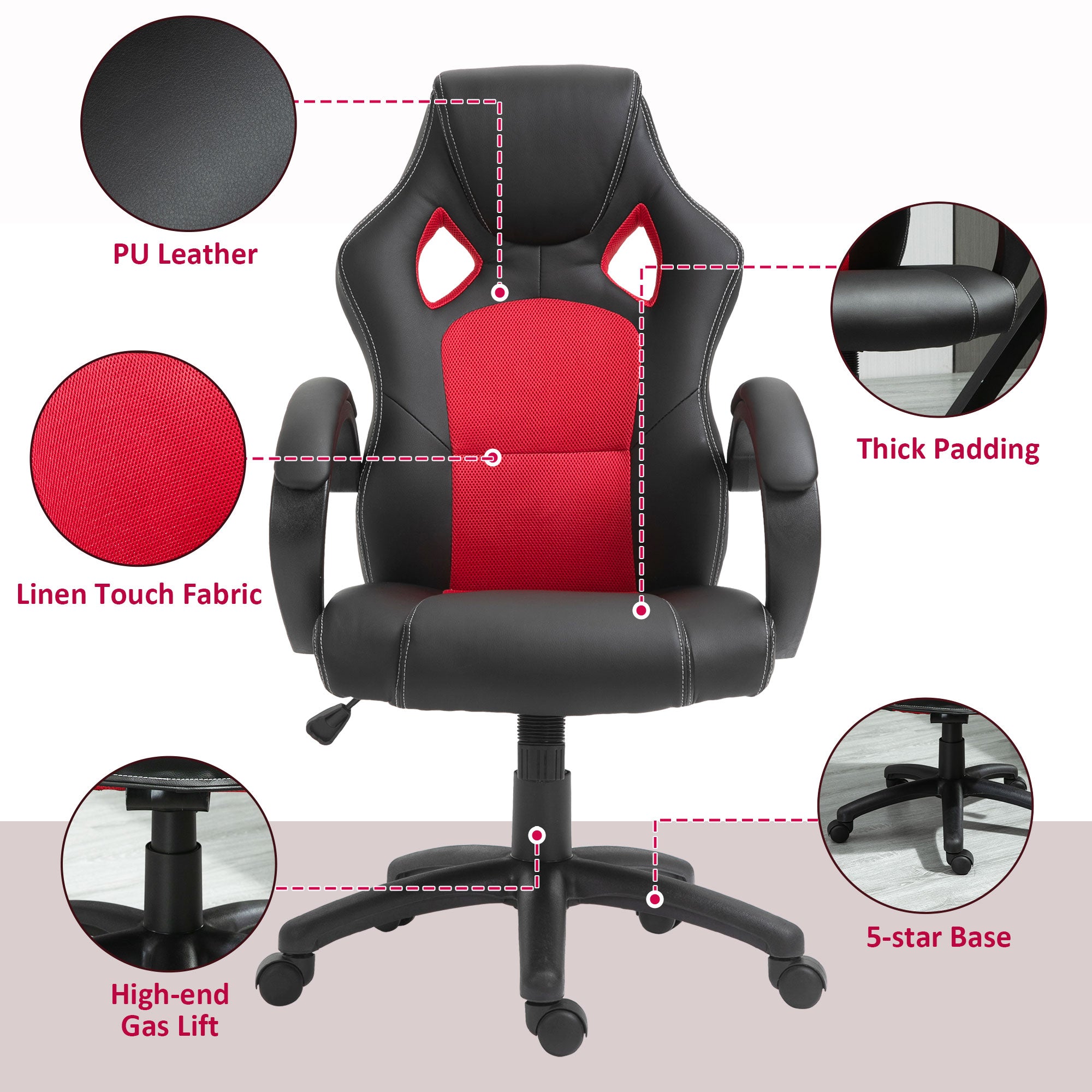 Vinsetto High-Back Gaming Chair Faux Leather Swivel Computer Racing Gamer Desk Chair for Home Office with Wheels, Red