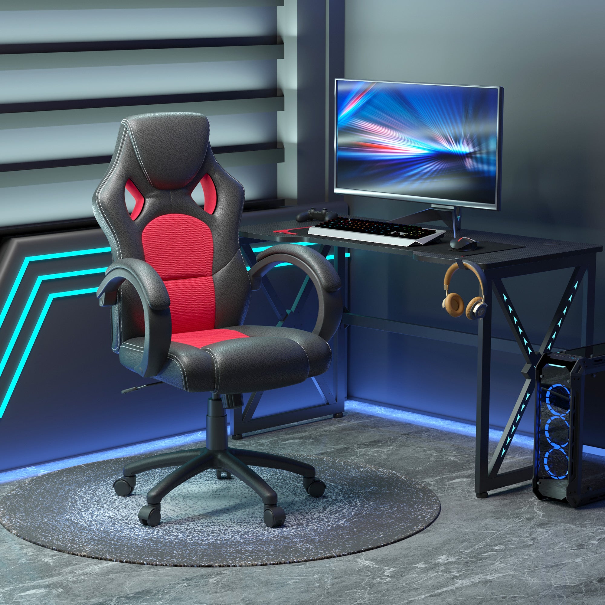 Vinsetto High-Back Gaming Chair Faux Leather Swivel Computer Racing Gamer Desk Chair for Home Office with Wheels, Red