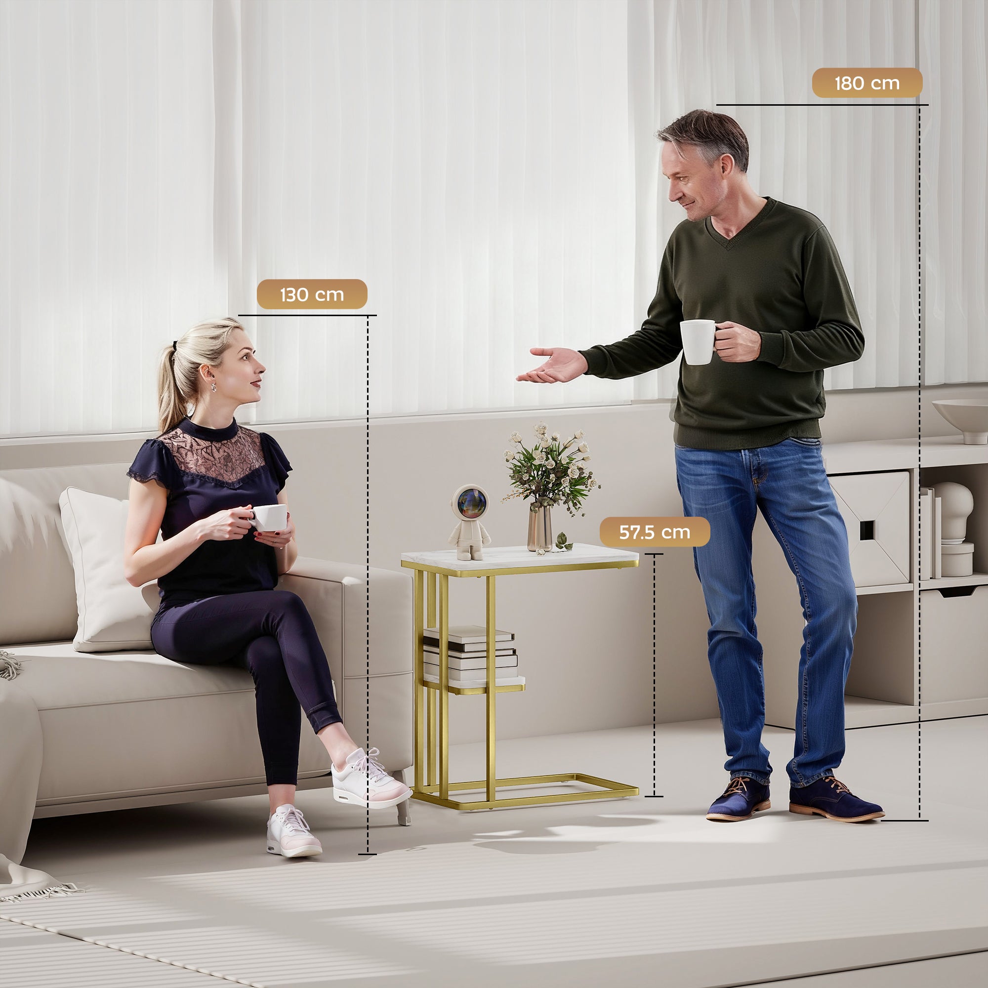 C-Shaped Narrow Side Table, 2-Tier Slim End Table with Storage Shelf, Modern Nightstand for Small Spaces, Living Room, Bedroom, 50 x 30 x 57.5 cm, White Marble Grain