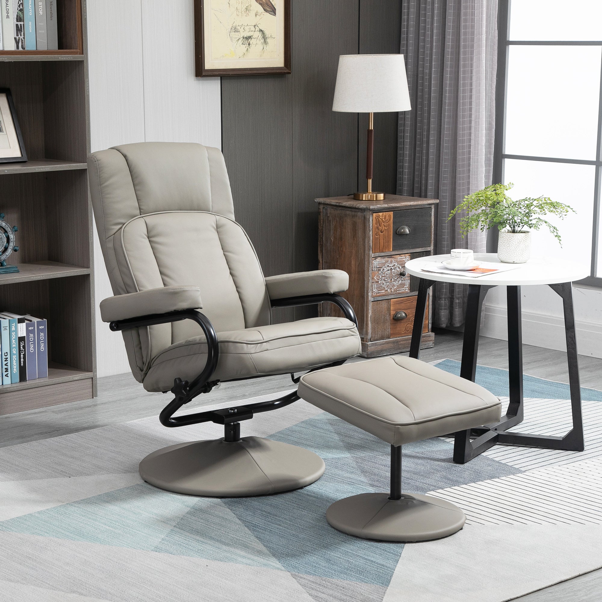Swivel Lockable Recliner, Manual PU Leather Armchair with Ottoman, Grey