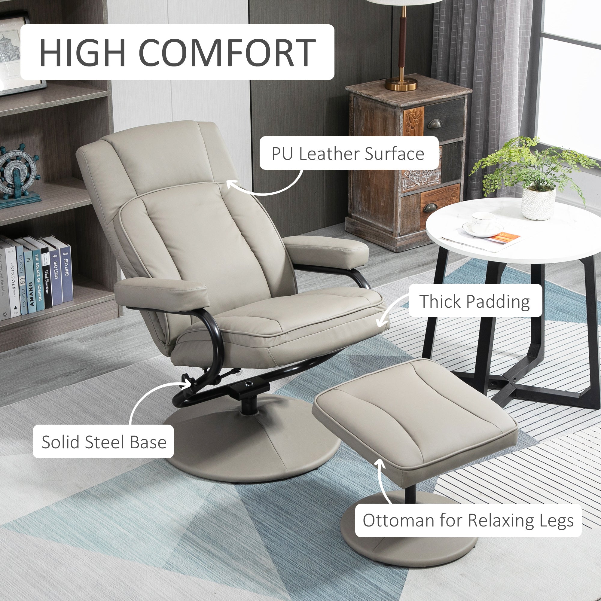 Swivel Lockable Recliner, Manual PU Leather Armchair with Ottoman, Grey