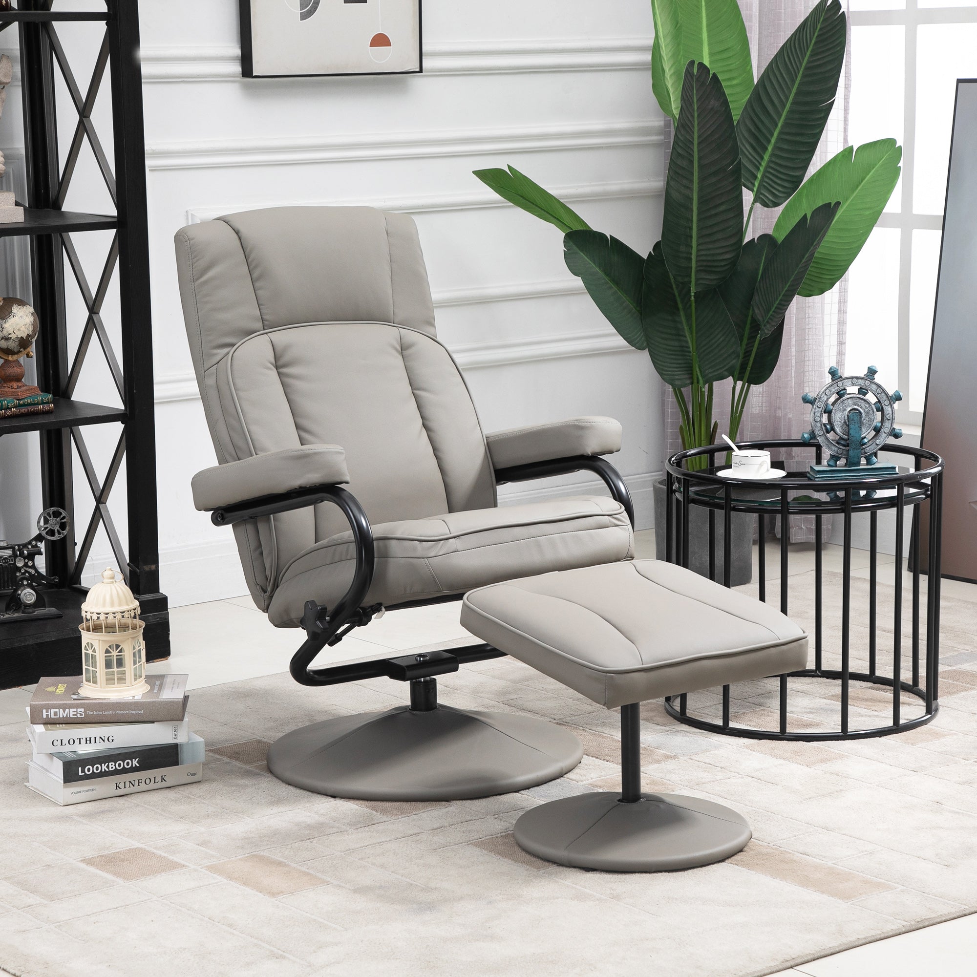 Swivel Lockable Recliner, Manual PU Leather Armchair with Ottoman, Grey