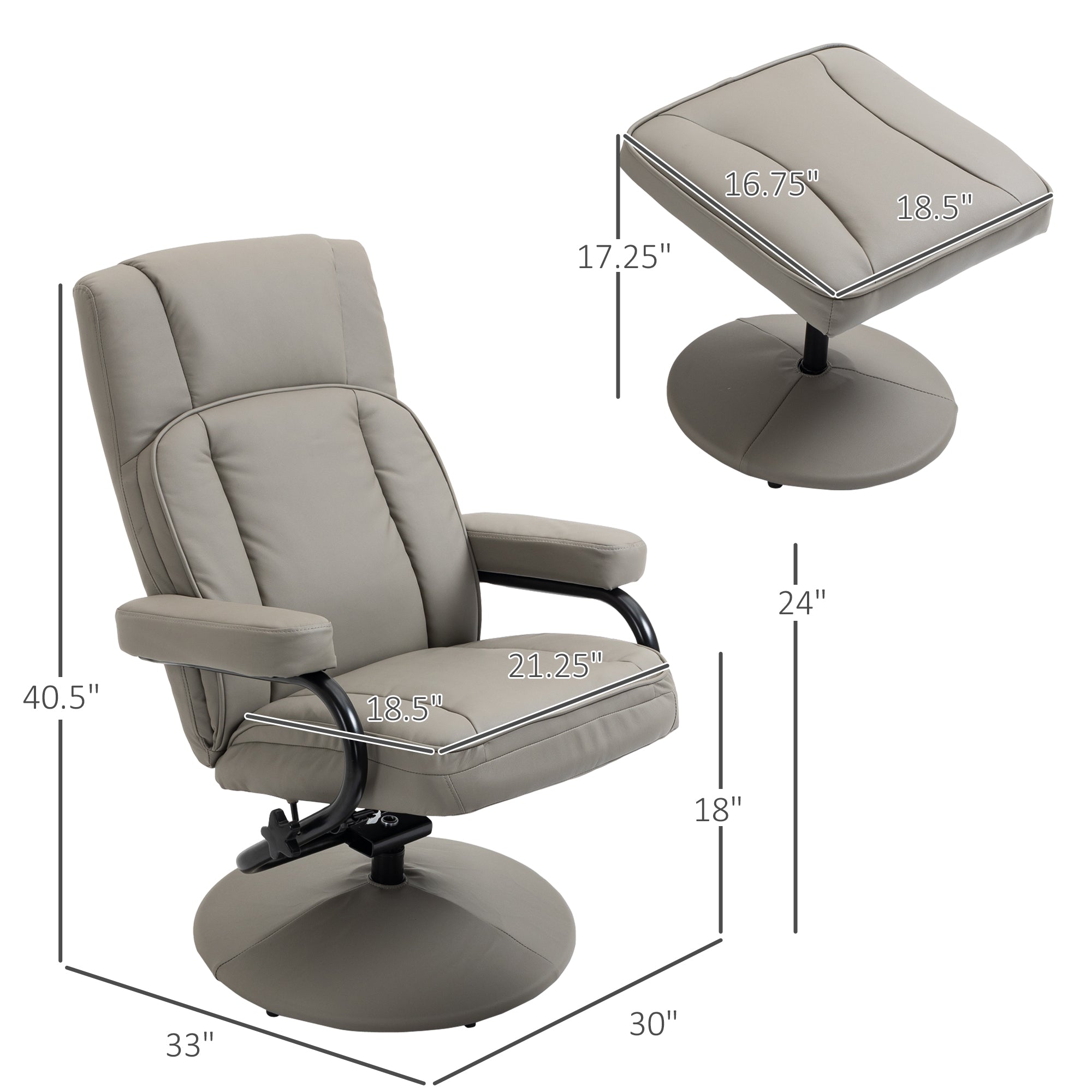 Swivel Lockable Recliner, Manual PU Leather Armchair with Ottoman, Grey