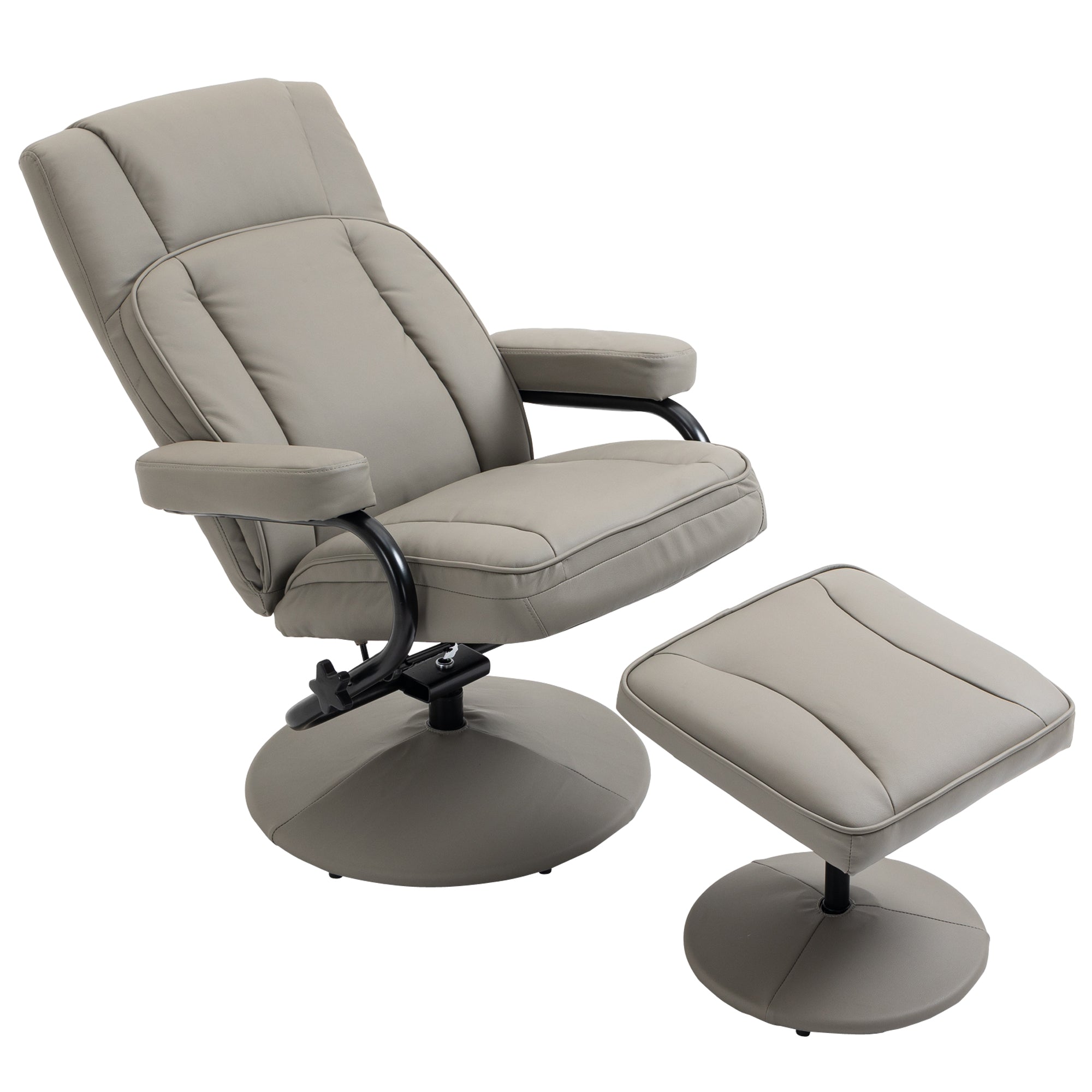 Swivel Lockable Recliner, Manual PU Leather Armchair with Ottoman, Grey