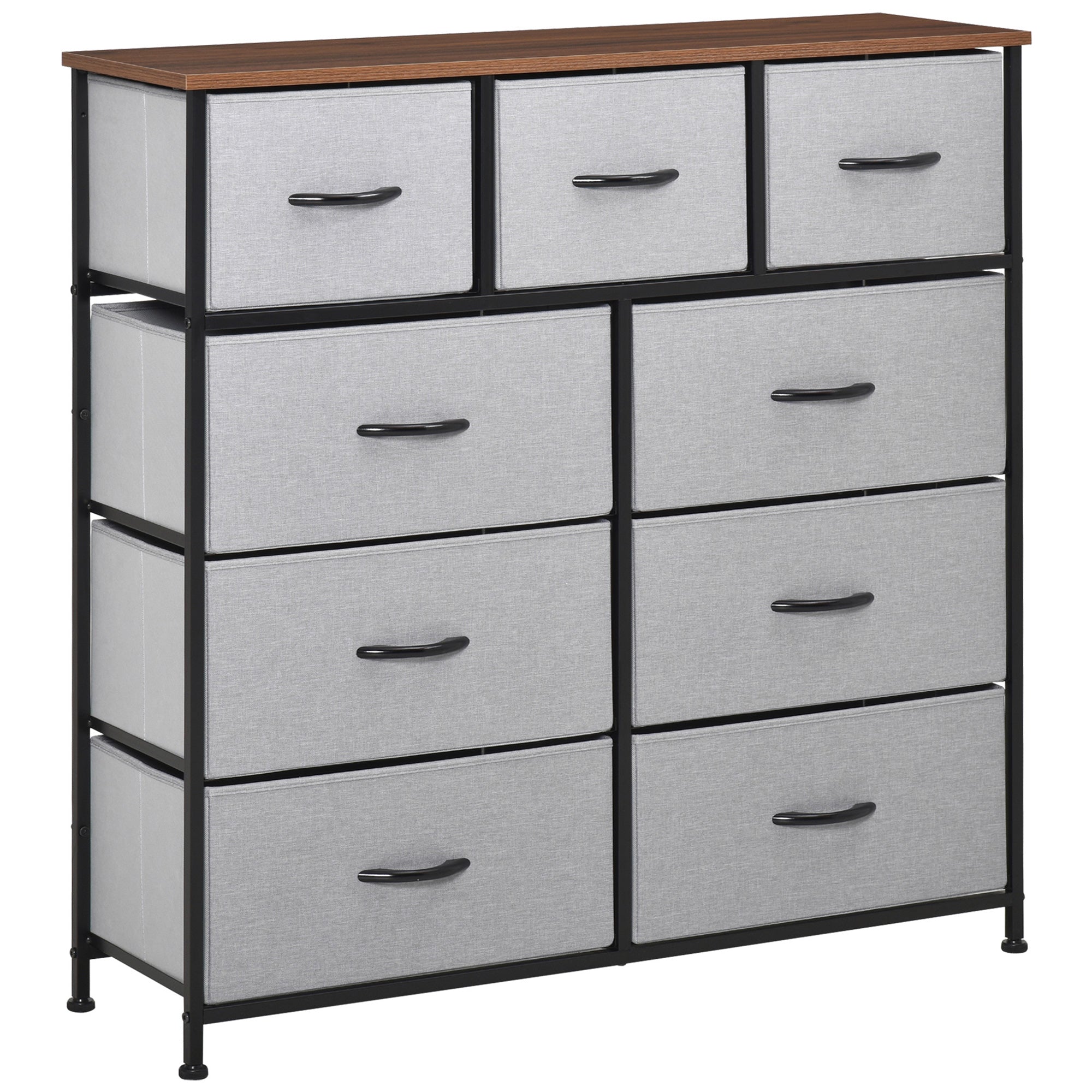 Dresser for Bedroom with 9 Drawers, 4-Tier Fabric Chest of Drawers, Tall Dresser Storage Tower with Steel Frame and Wooden Top for Closets, Nursery Room, Grey