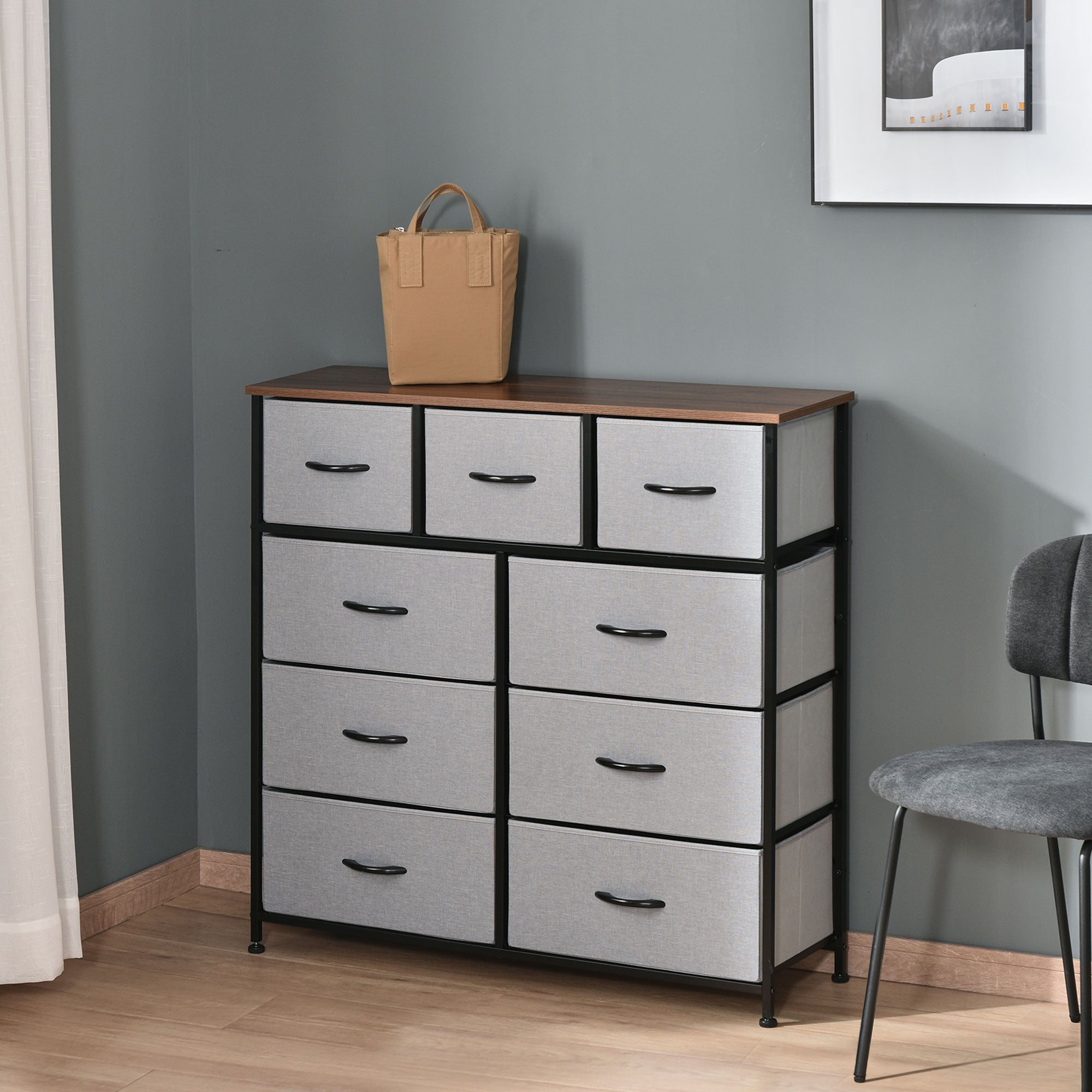 Dresser for Bedroom with 9 Drawers, 4-Tier Fabric Chest of Drawers, Tall Dresser Storage Tower with Steel Frame and Wooden Top for Closets, Nursery Room, Grey