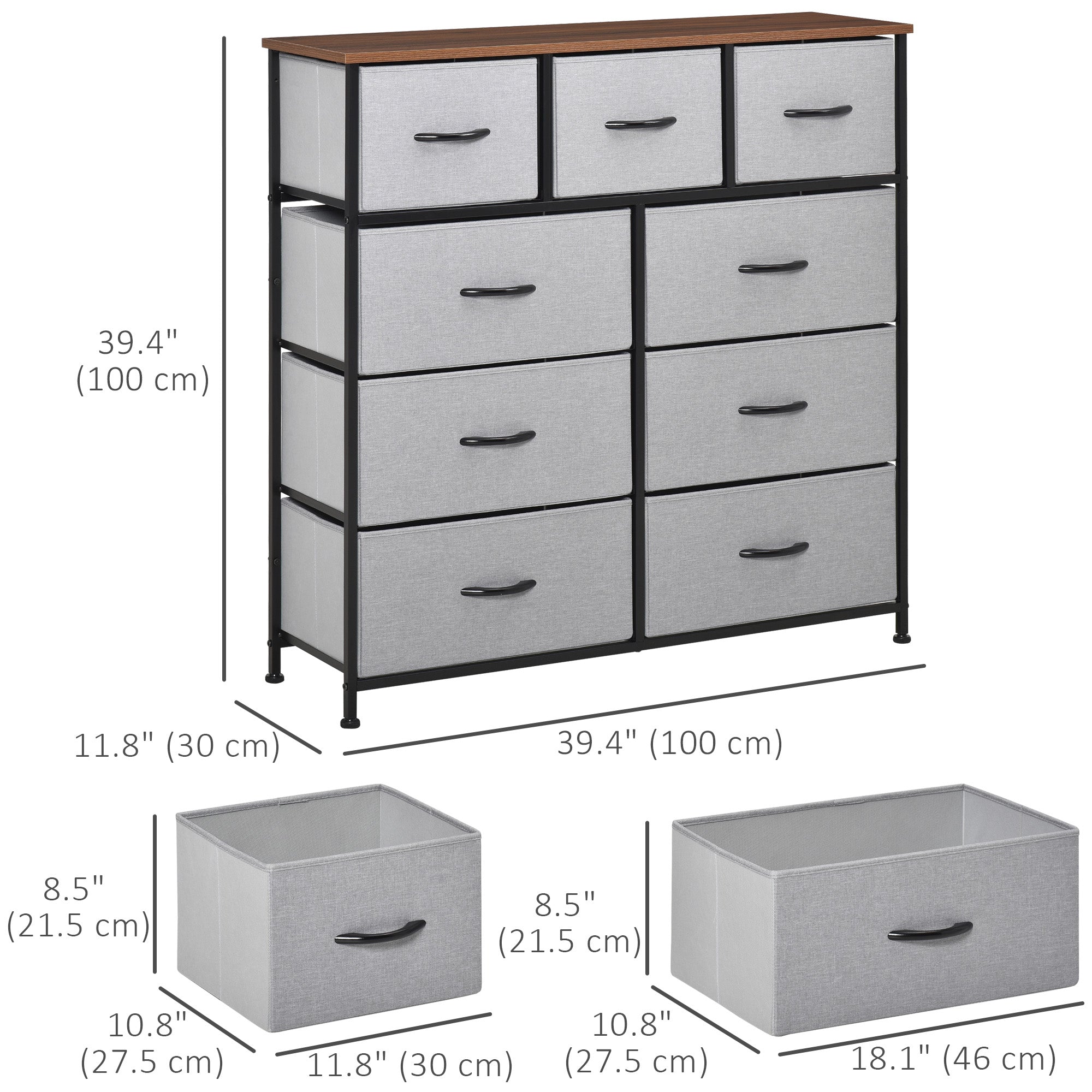 Dresser for Bedroom with 9 Drawers, 4-Tier Fabric Chest of Drawers, Tall Dresser Storage Tower with Steel Frame and Wooden Top for Closets, Nursery Room, Grey