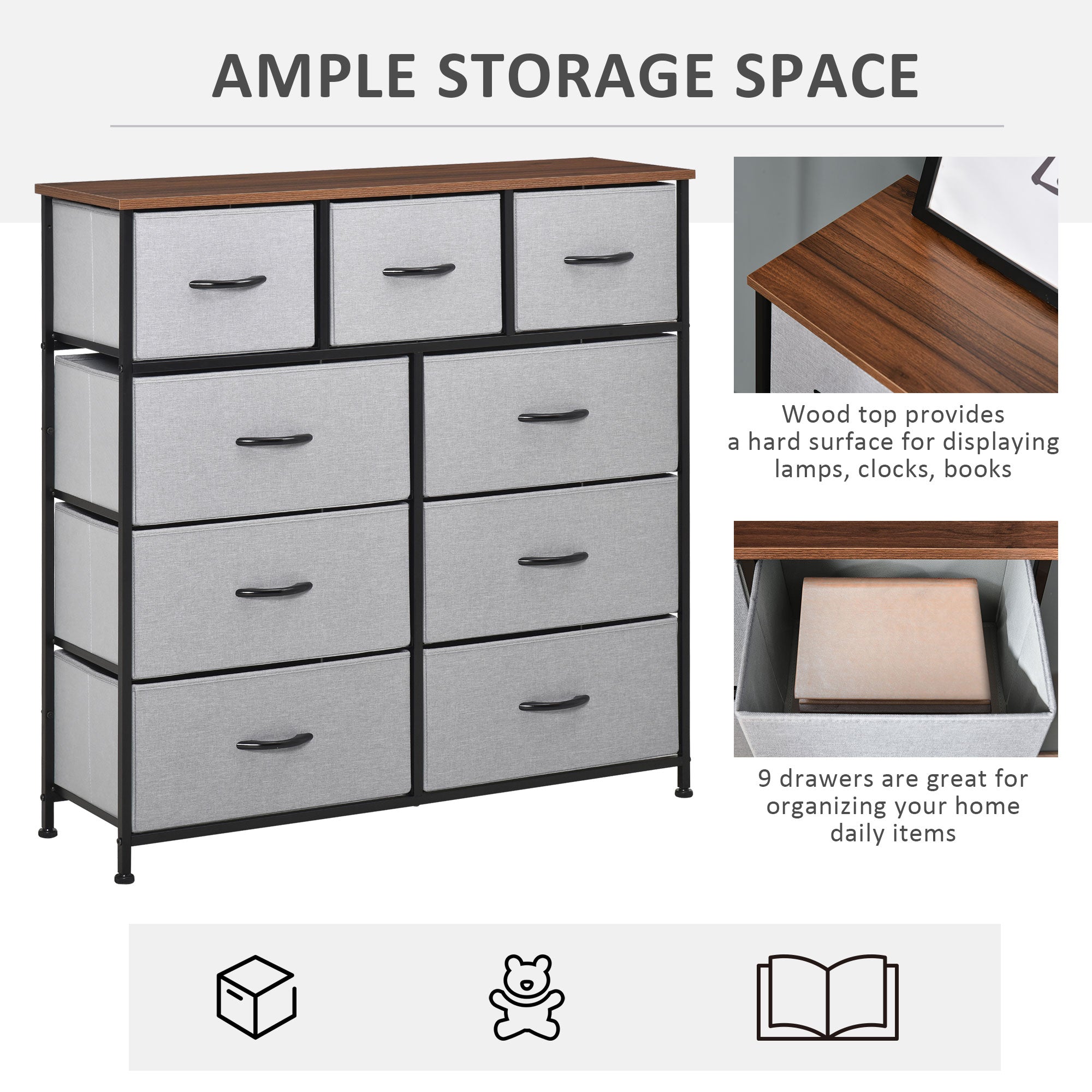 Dresser for Bedroom with 9 Drawers, 4-Tier Fabric Chest of Drawers, Tall Dresser Storage Tower with Steel Frame and Wooden Top for Closets, Nursery Room, Grey