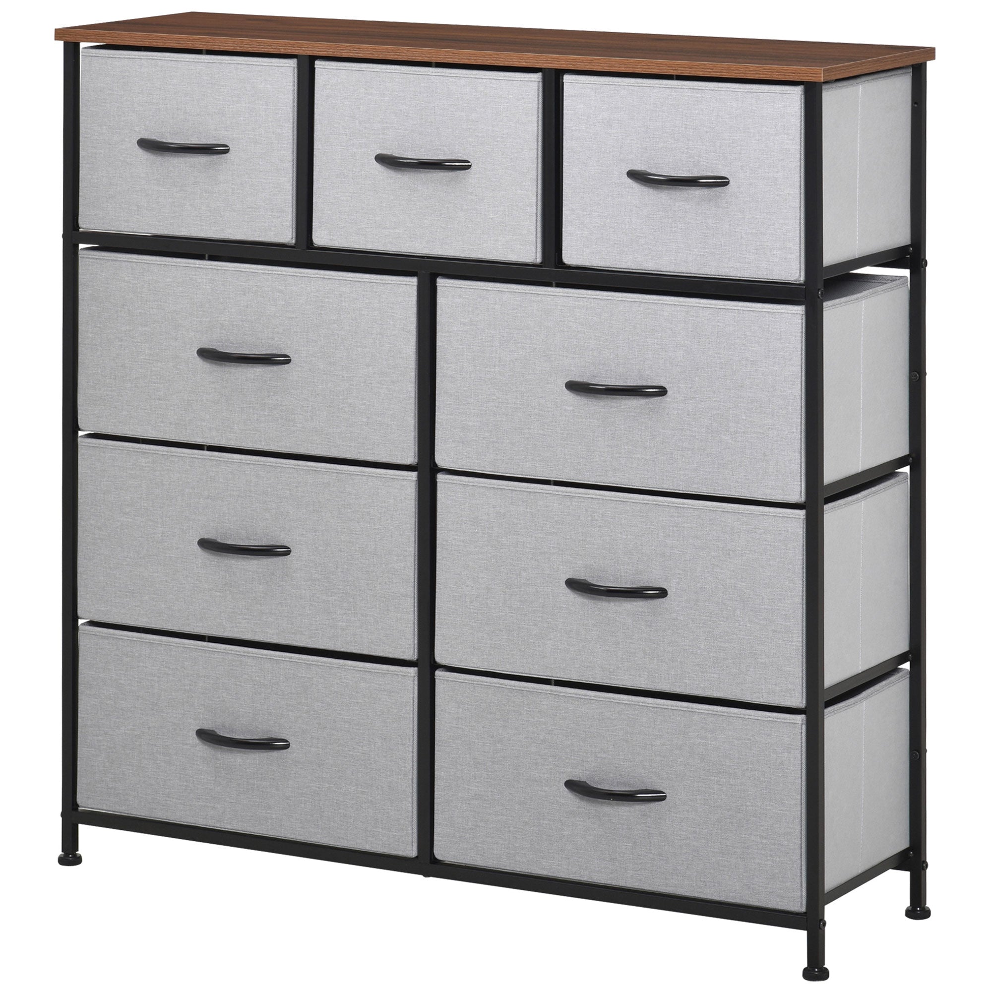 Dresser for Bedroom with 9 Drawers, 4-Tier Fabric Chest of Drawers, Tall Dresser Storage Tower with Steel Frame and Wooden Top for Closets, Nursery Room, Grey
