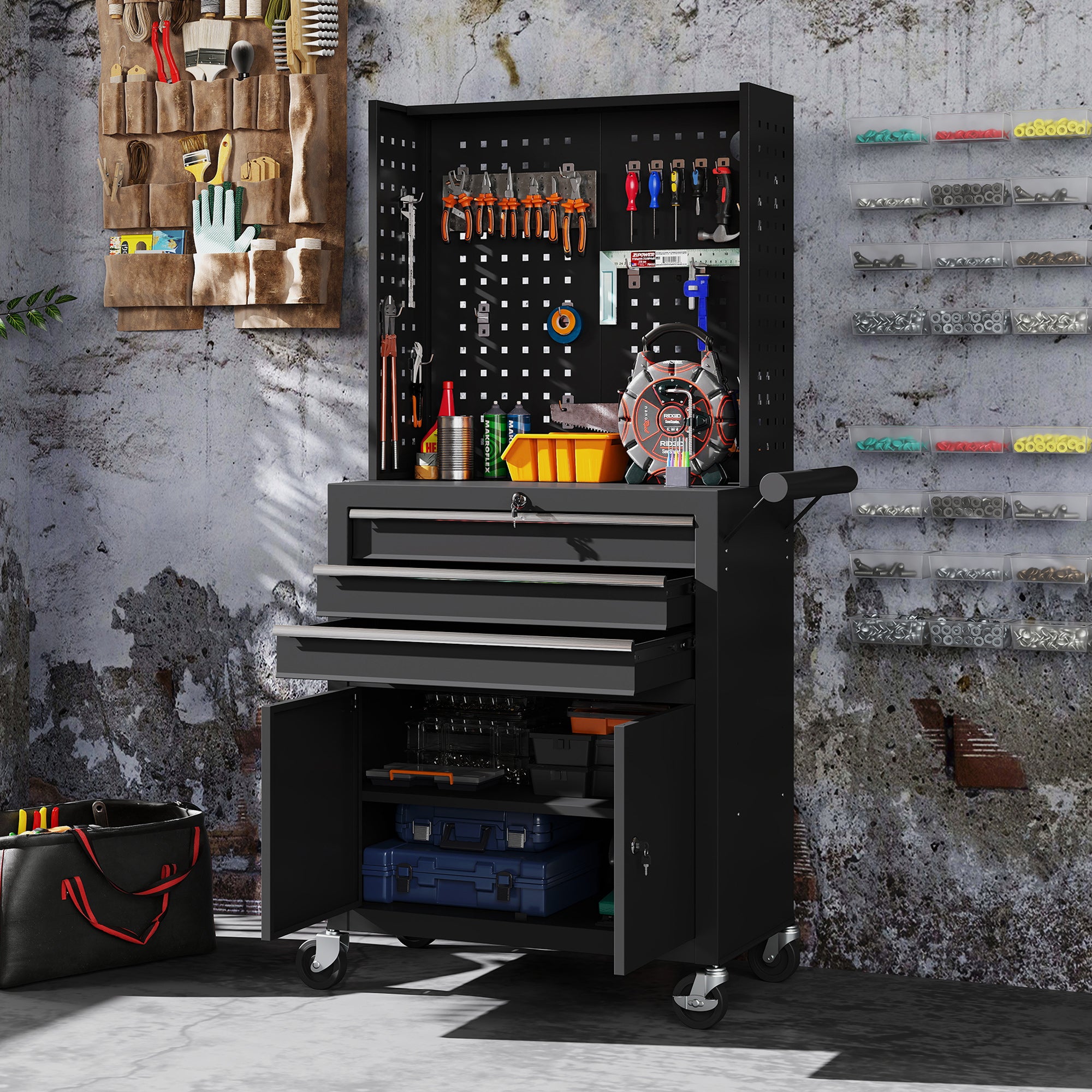 Rolling Tool Cabinet with Pegboard, Lockable Tool Chest with 3 Drawers and Adjustable Shelf, Mobile Tool Storage Organizer for Garage and Workshop, Black