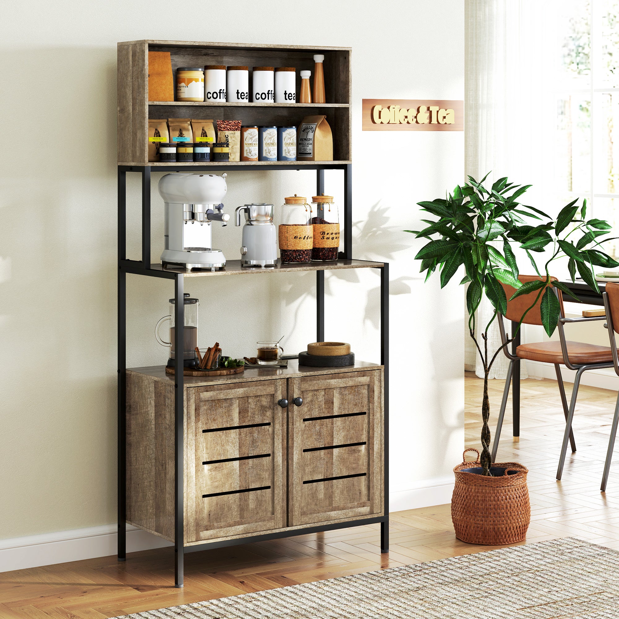 HOMCOM Kitchen Bakers Rack with Power Outlet, Coffee Bar Cabinet with Storage Shelves, Microwave Stand with Louvred Door Cabinets, Gray Wood Grain