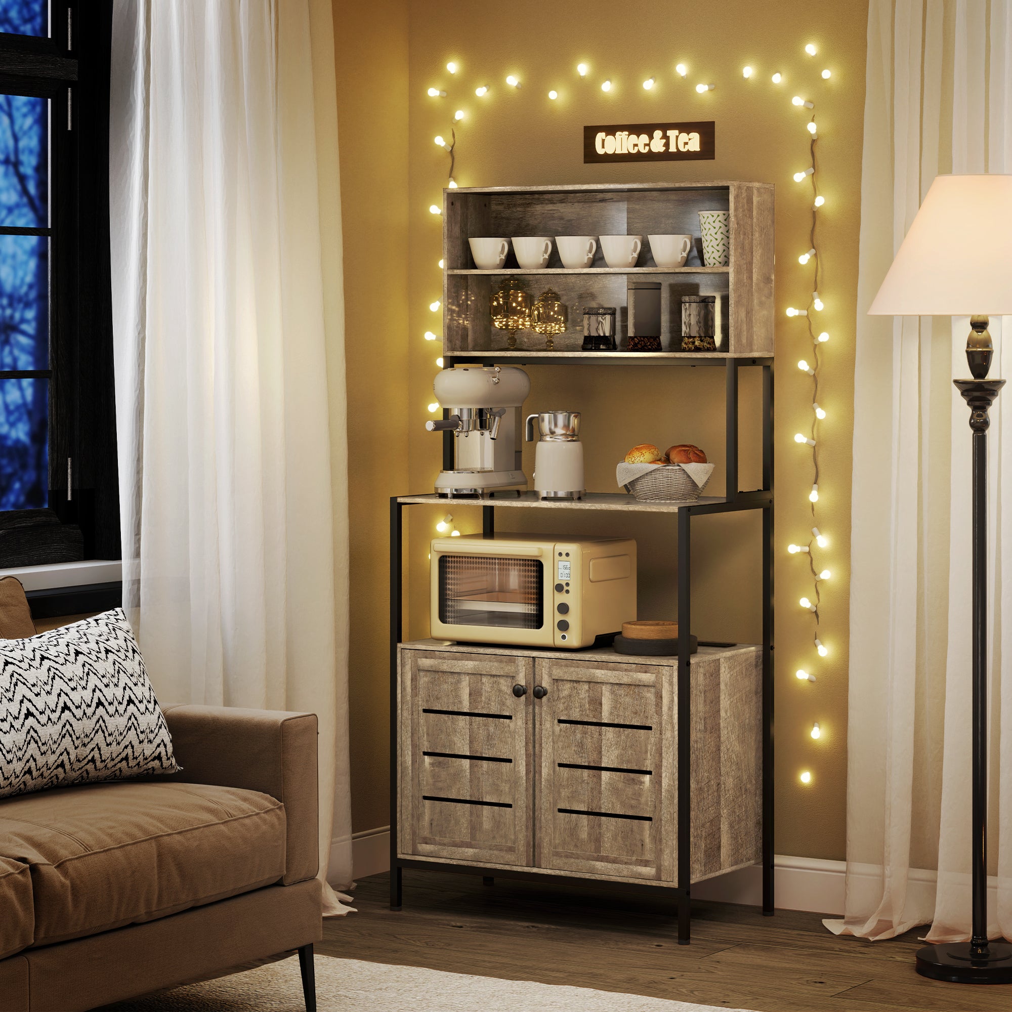 HOMCOM Kitchen Bakers Rack with Power Outlet, Coffee Bar Cabinet with Storage Shelves, Microwave Stand with Louvred Door Cabinets, Gray Wood Grain