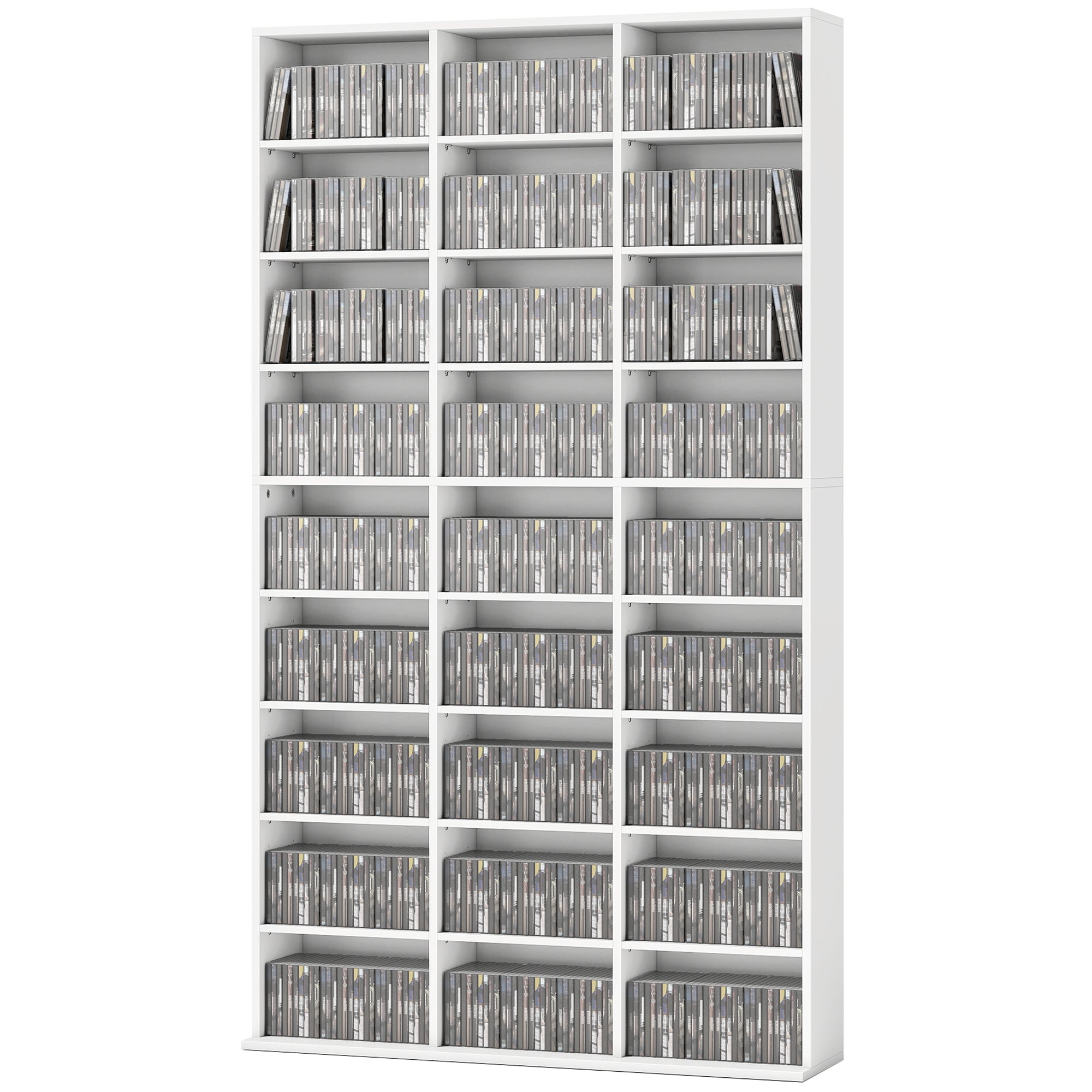 835 CD/500 DVD Storage Unit, Blu-ray Media Storage Shelf with 27 Compartments and 21 Adjustable Shelves, CD Tower for Living Room, Bedroom, Office, White