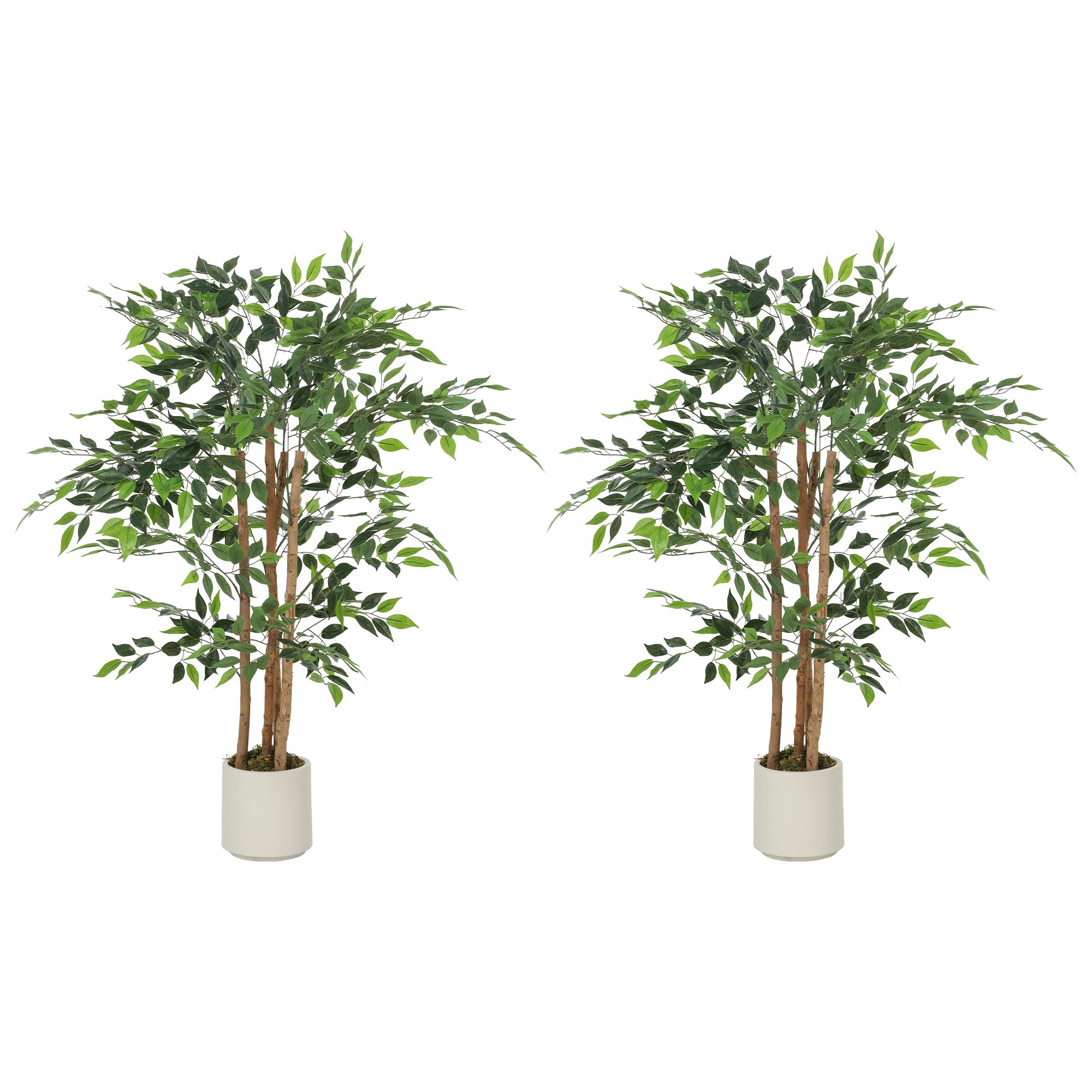 4FT Artificial Banyan Tree Set of 2, Lifelike Fake Tree with Solid Wood Trunk and Pot for Indoor Living Room Home Office Decor, Green
