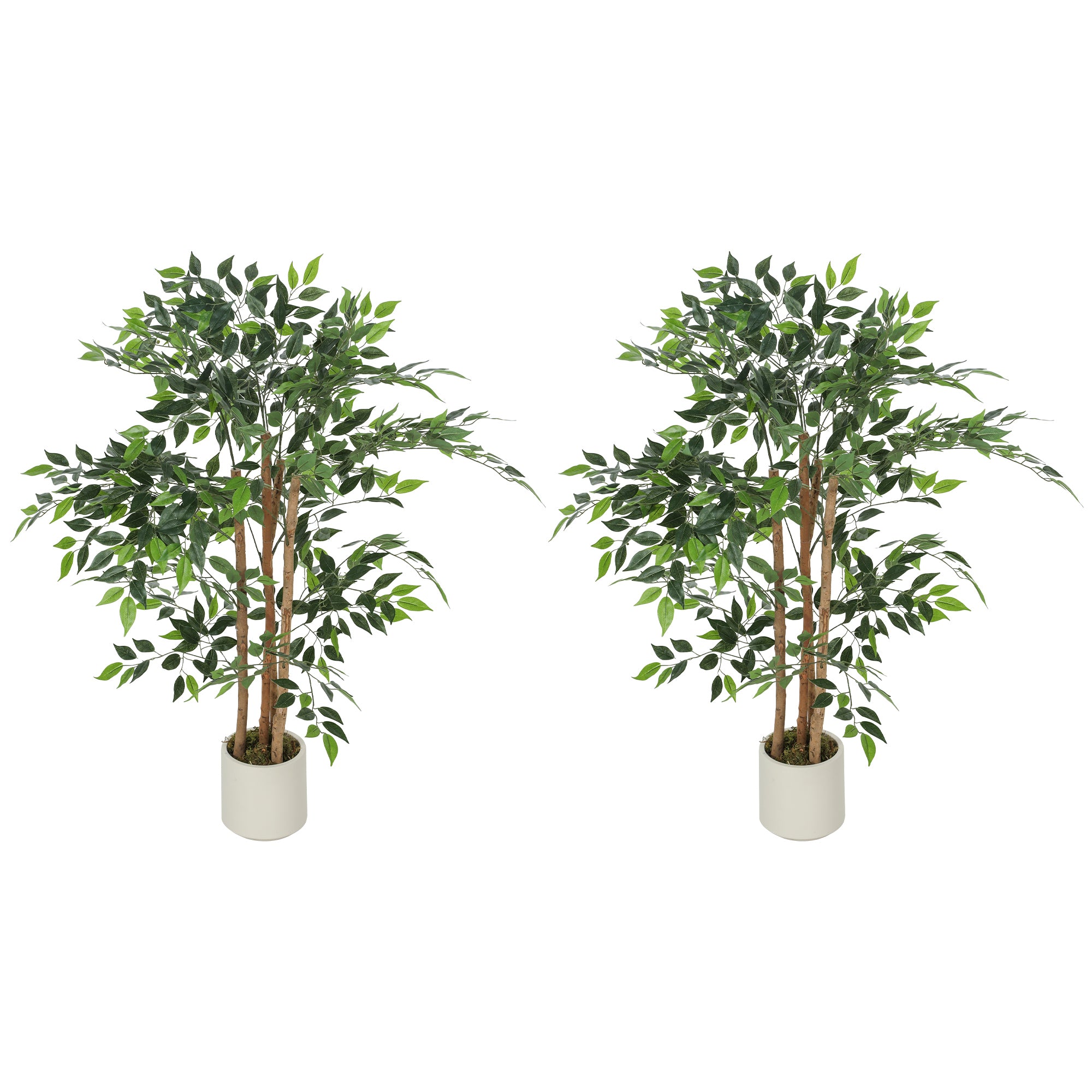 4FT Artificial Banyan Tree Set of 2, Lifelike Fake Tree with Solid Wood Trunk and Pot for Indoor Living Room Home Office Decor, Green