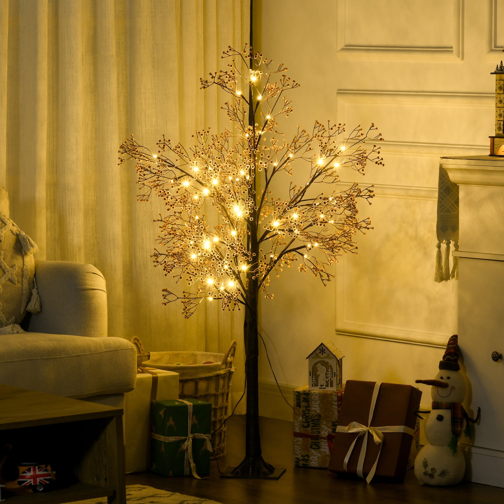 HOMCOM 4ft Artificial Gypsophila Blossom Tree Light with 72 Warm White LED Light, Baby Breath Flowers for Home Party Wedding, Indoor and Outdoor Use